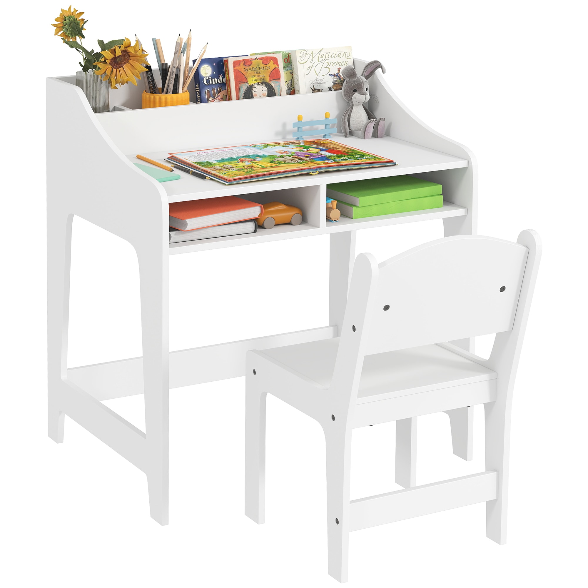 Qaba 312-135V80WT Kids Desk and Chair Set Children Study Table with Storage Shelves Student Writing Desk for Bedroom Study Room White