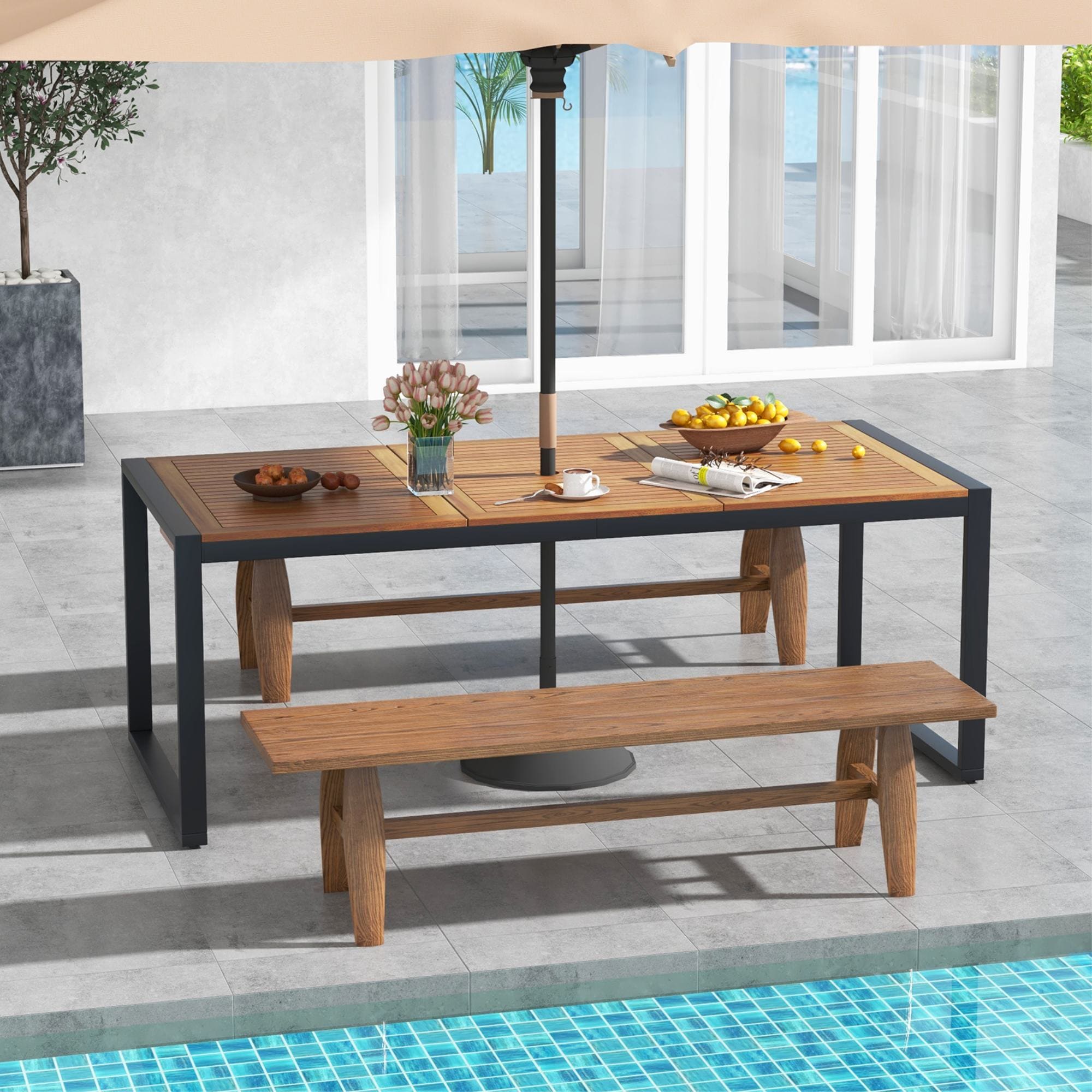 GZMR 79 Inch Wood Patio Table Round Outdoor Dining Table 35.5-in W x 79-in L with Umbrella Hole