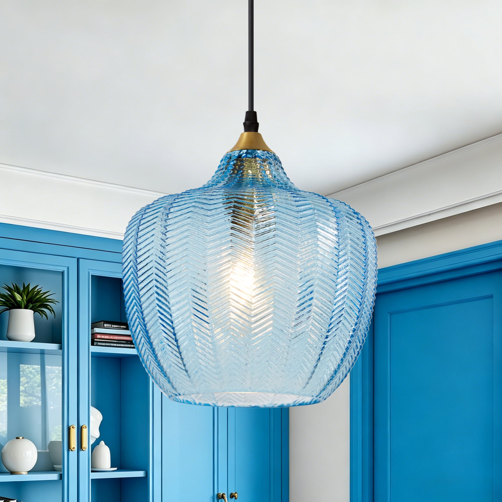 Lanmate  Adjustable Height Ribbed Glass Pendant Light Fixture for Kitchen Island and Dining Room Adjustable Height Ribbed Glass Pendant 9.44-in Blue