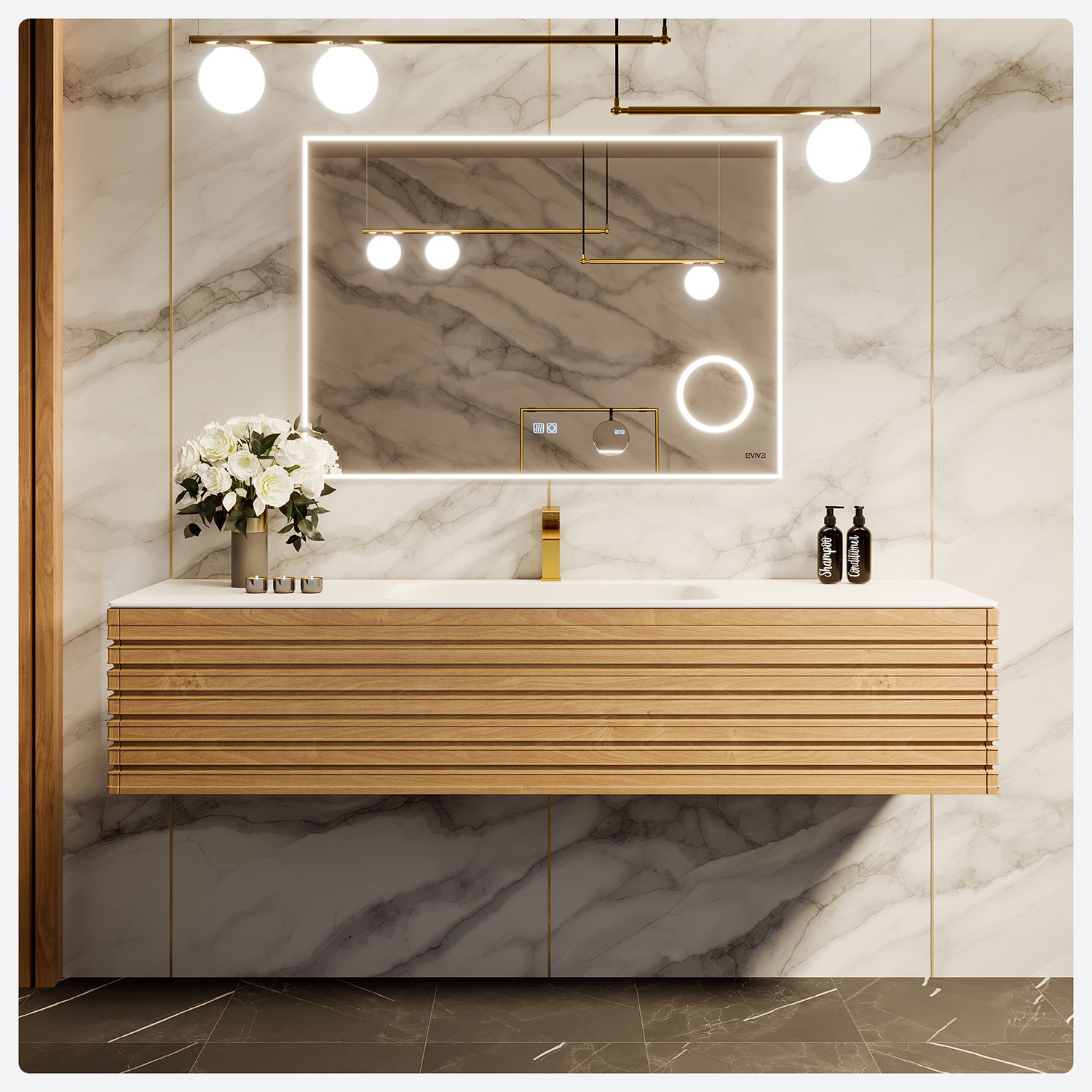 Eviva EVVN128-55OAK Allure 55-in Oak Single Sink Floating Bathroom Vanity with White Solid Surface Top