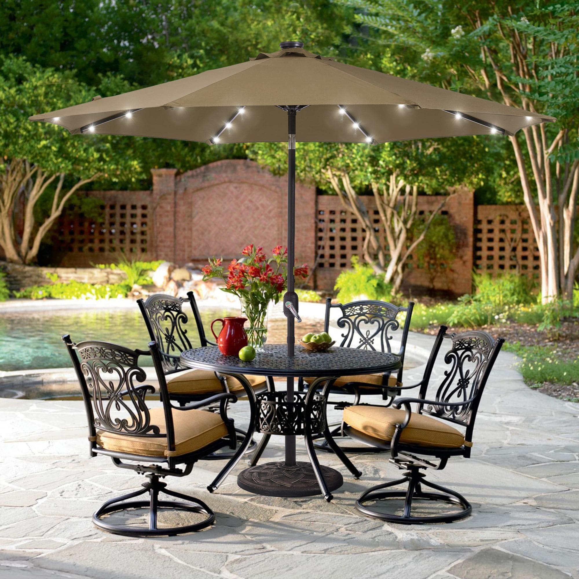 Sonkuki SD-027K-LED 9-Feet Steel Tan Push-button Tilt Market Patio Umbrella with Lights and