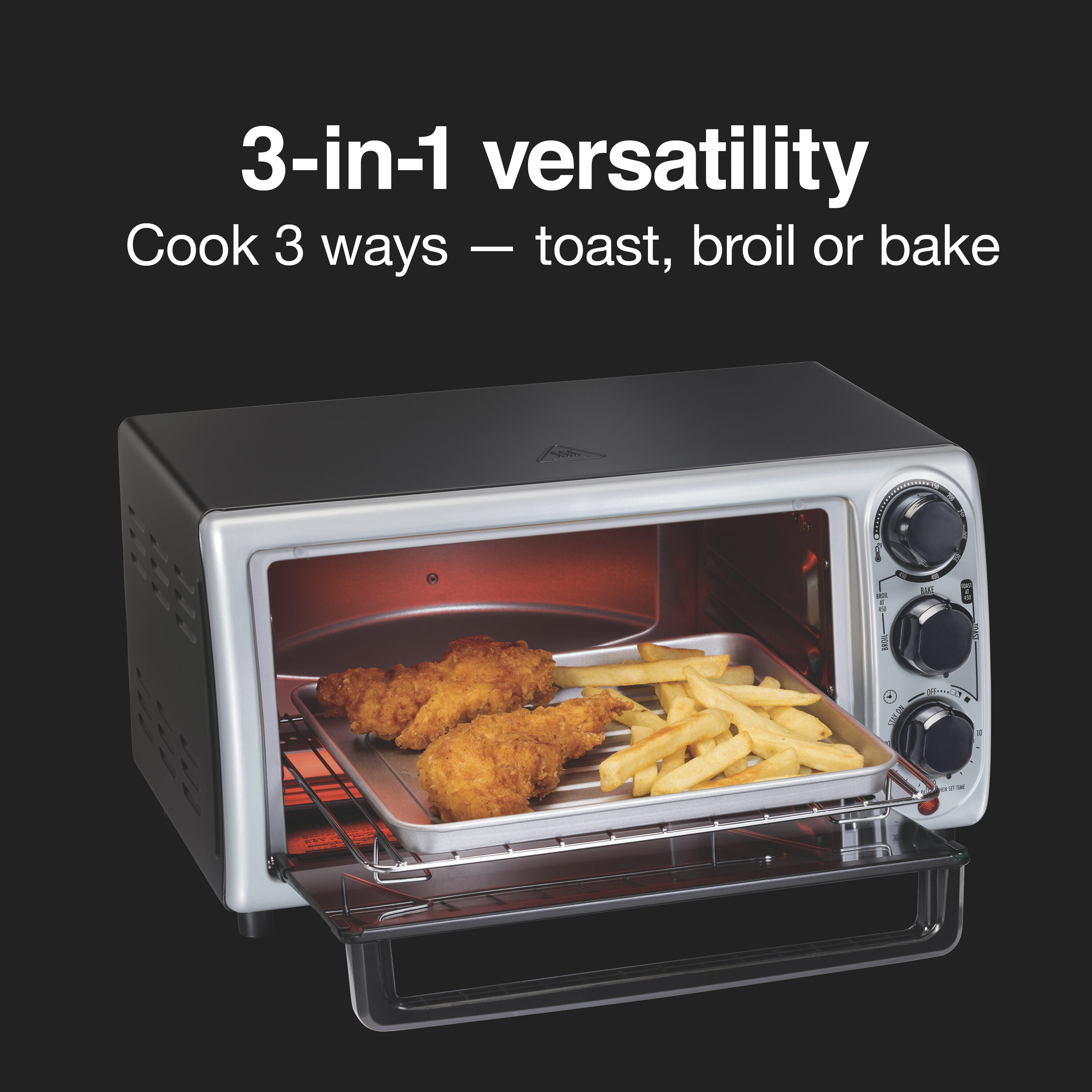 Proctor Silex Black and Silver 4-Slice Toaster Oven with Bake Pan