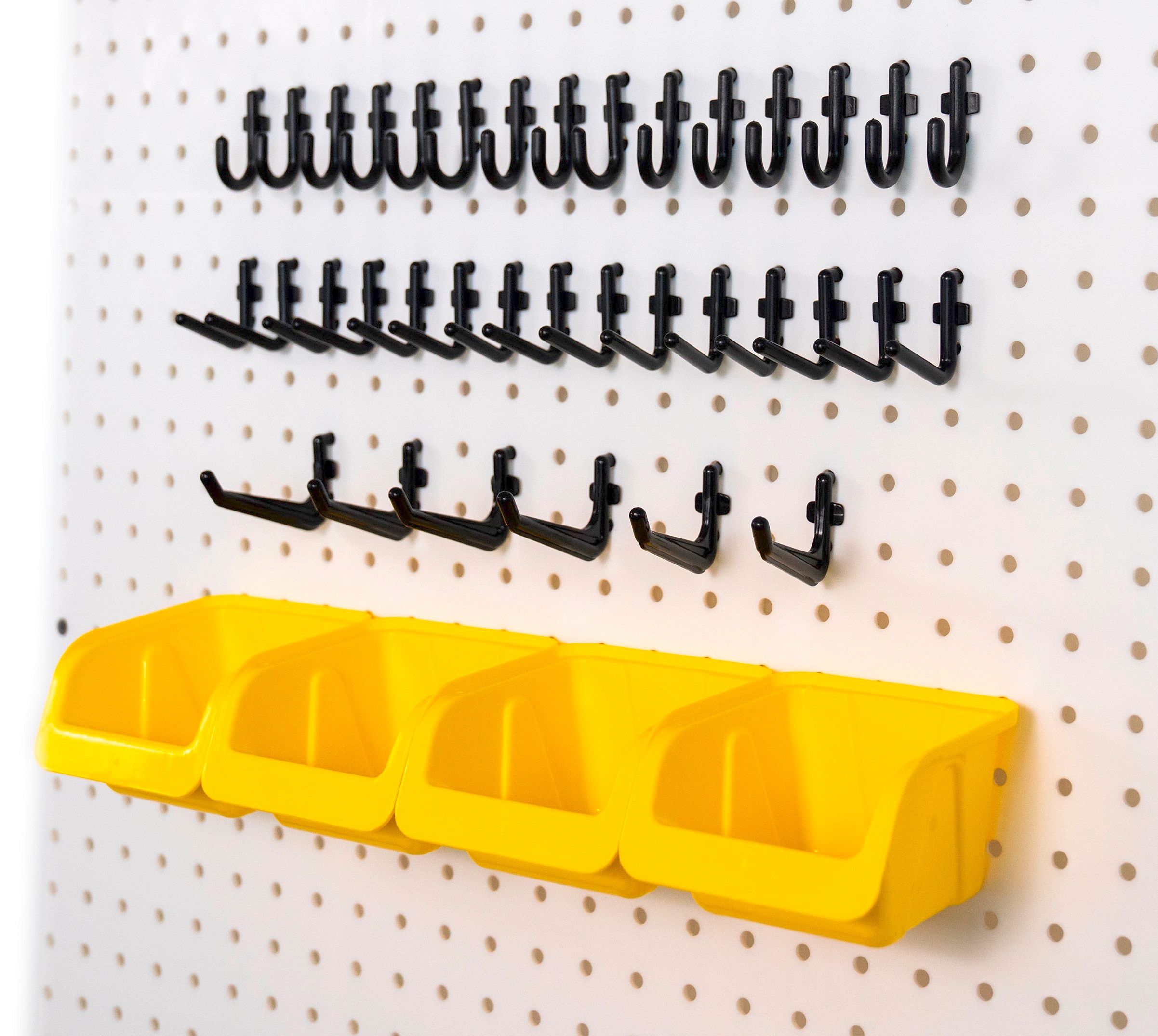WallPeg 4 Medium Yellow Bins and 36 Assorted Flex Lock Peg Hooks For All  Standard Pegboard