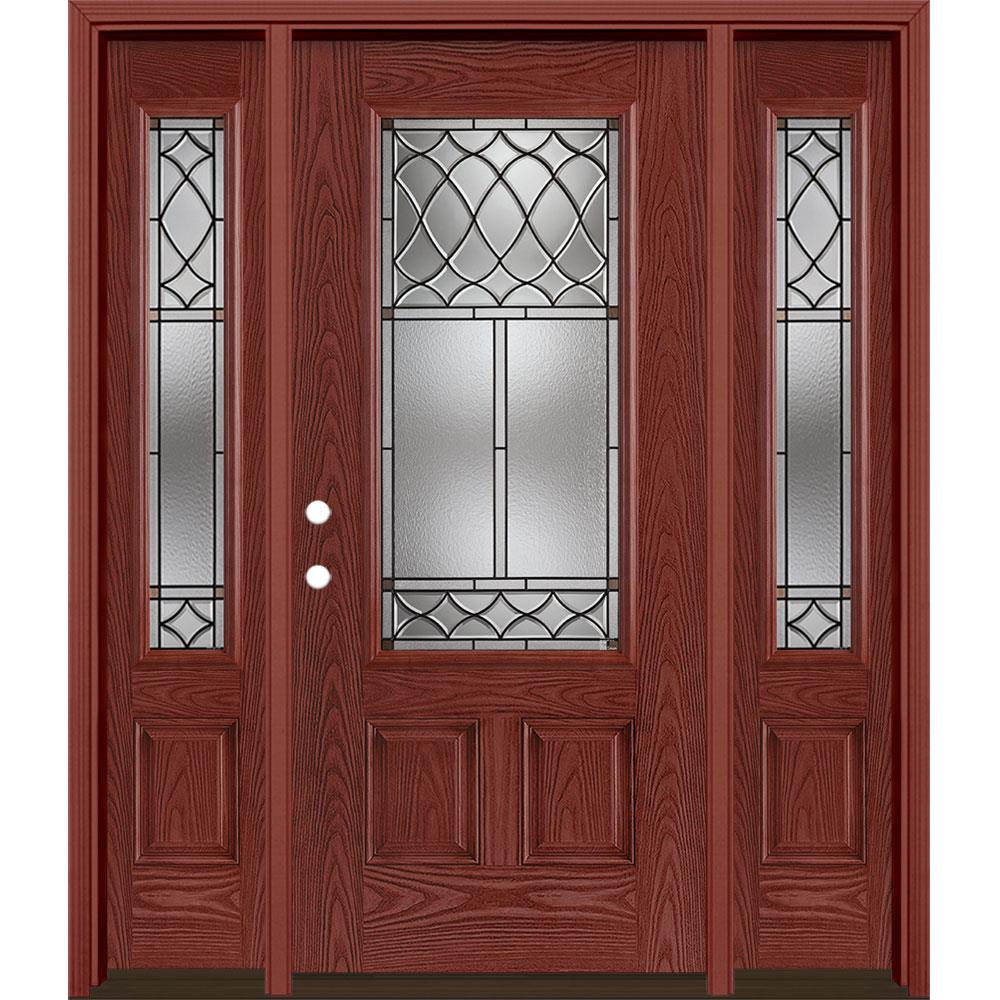 Masonite 1328072 Sheldon 64-in x 80-in Fiberglass 3/4 Lite Right-Hand Inswing Wineberry Stained Prehung Single Front Door with Sidelights with Brickmould Insulating Core
