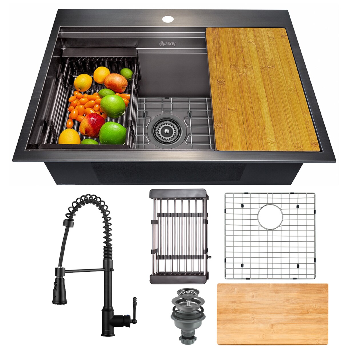 AKDY KS0504-KF12 Drop-In 25-in x 22-in Gunmetal Matte Black Stainless Steel Single Bowl 1-Hole Workstation Kitchen Sink All-in-one Kit