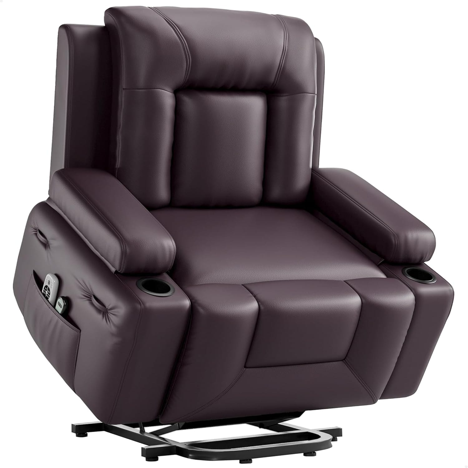 Qeetex 27 Inch Oversized Power Lift Recliner Chair - Heat and Massage PU Leather Electric Lift Recliner Coffee (Cup Holder Style)