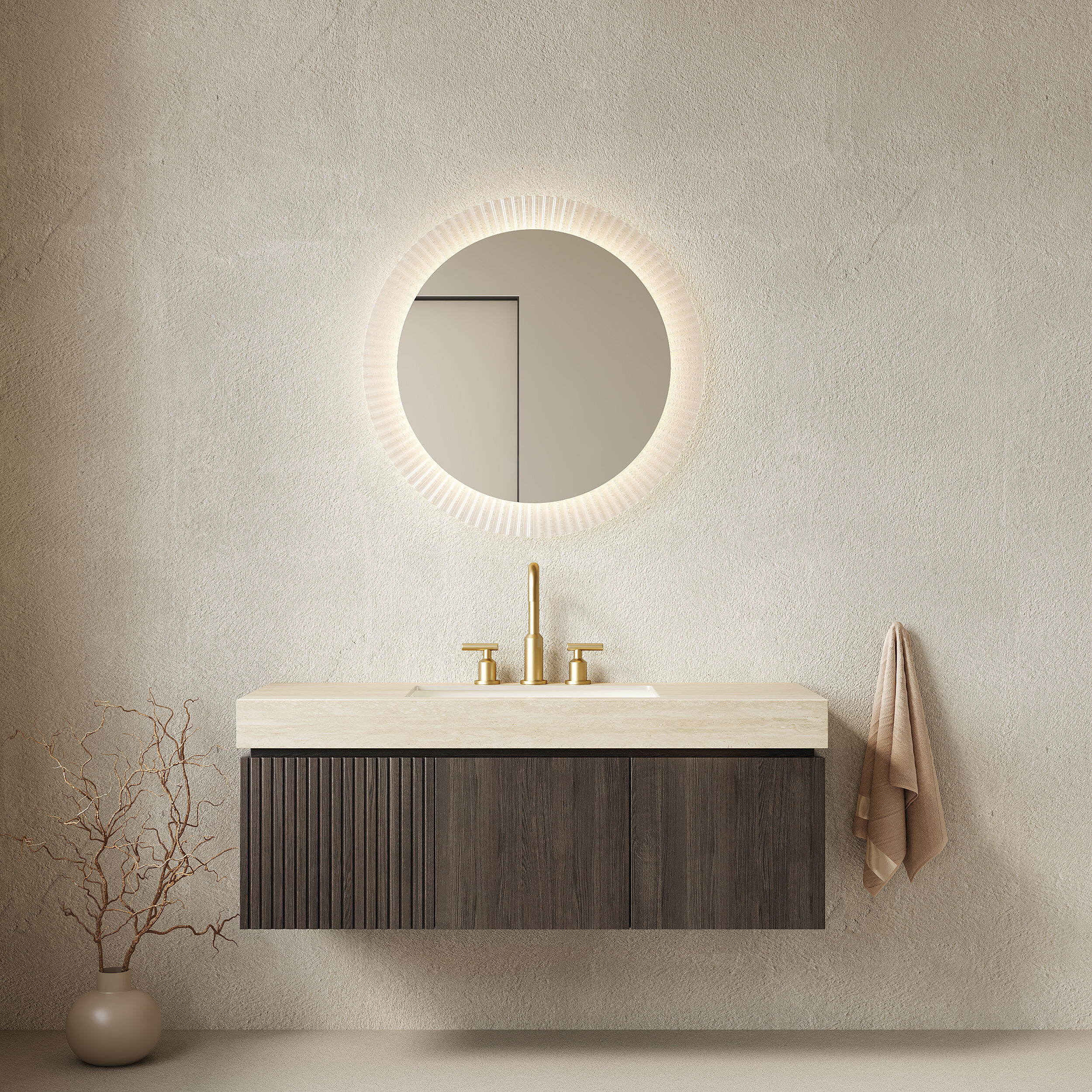 GDFStudio Muri 48 in. Contemporary Floating Bathroom Vanity with Roma Travertine Sintered Stone Top - Ceramic Basin and 3-Hole Widespread Faucet Configuration - Espresso
