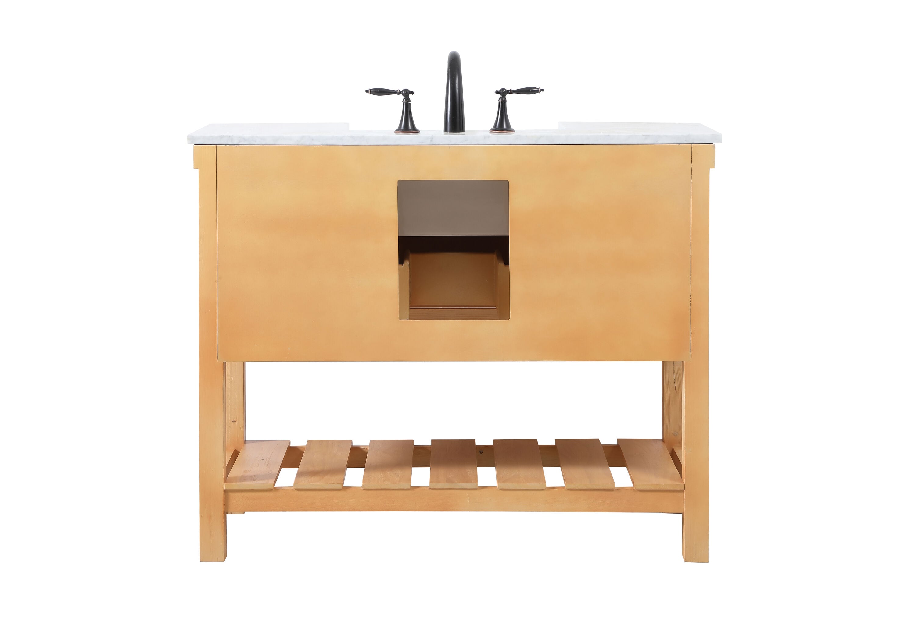 Natural Wood Single Sink Vanity with White Marble Top