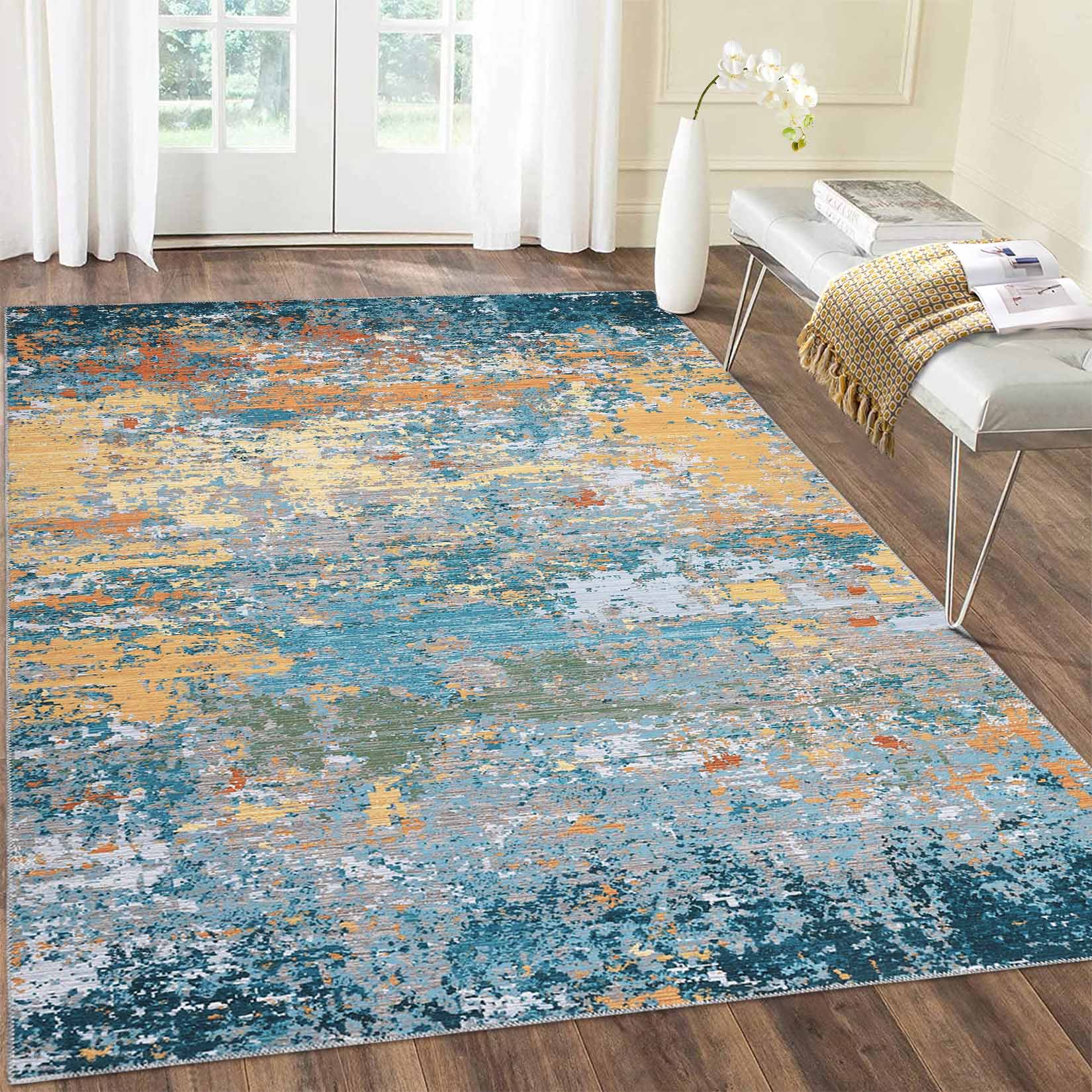 Garvee YXY-LO-PHO-134Z0LA7 5 x 7 (ft) Loomed Polyester Yellow/Blue Rectangular Indoor/Outdoor Abstract Mid-Century Modern Machine washable Area rug