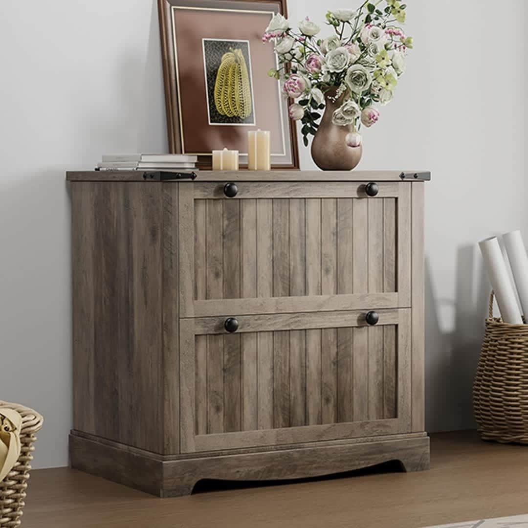 Qeetex NL-PHK-344E1KF7 1 Farmhouse 2 Drawer 30 Inch File Cabinet with Hanging Folders for A4 Letter Legal Documents Rustic Storage Organizer Printer Stand Home Office Living Room grey