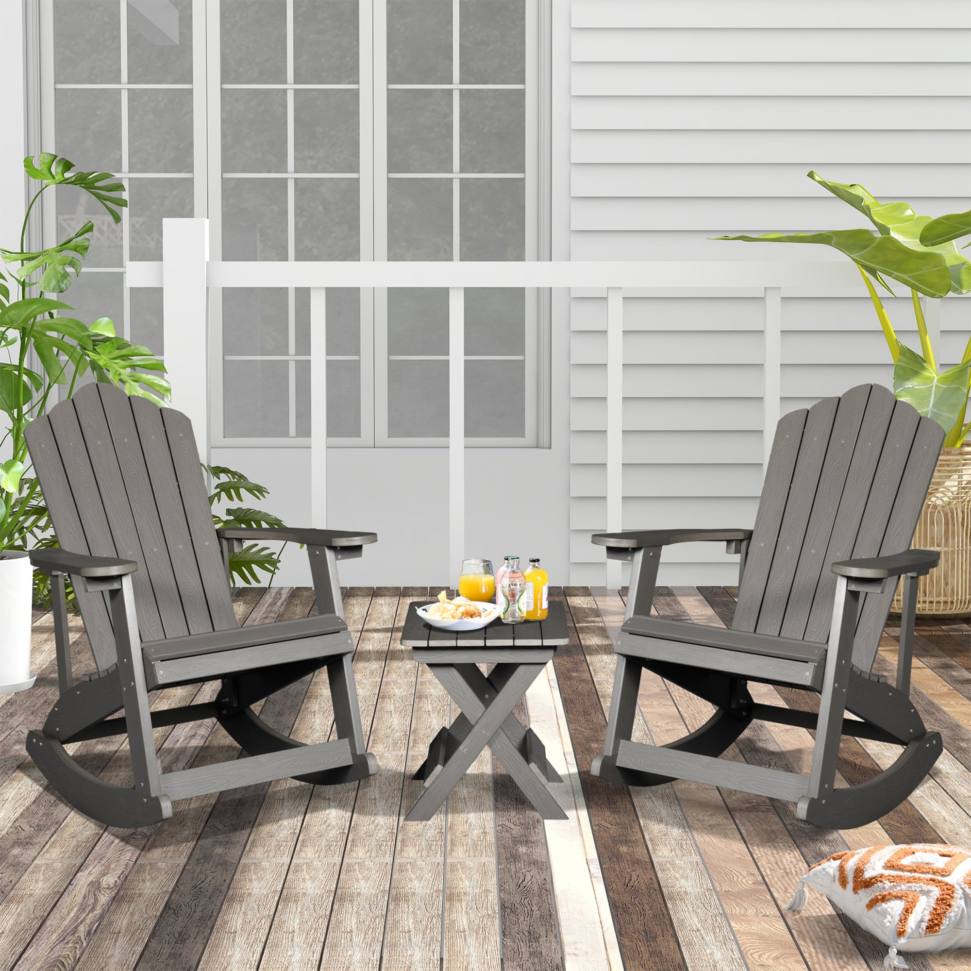 Pouuin SFRC302AT 2 Charcoal Gray Plastic Frame Adirondack Chair with Slat Seat
