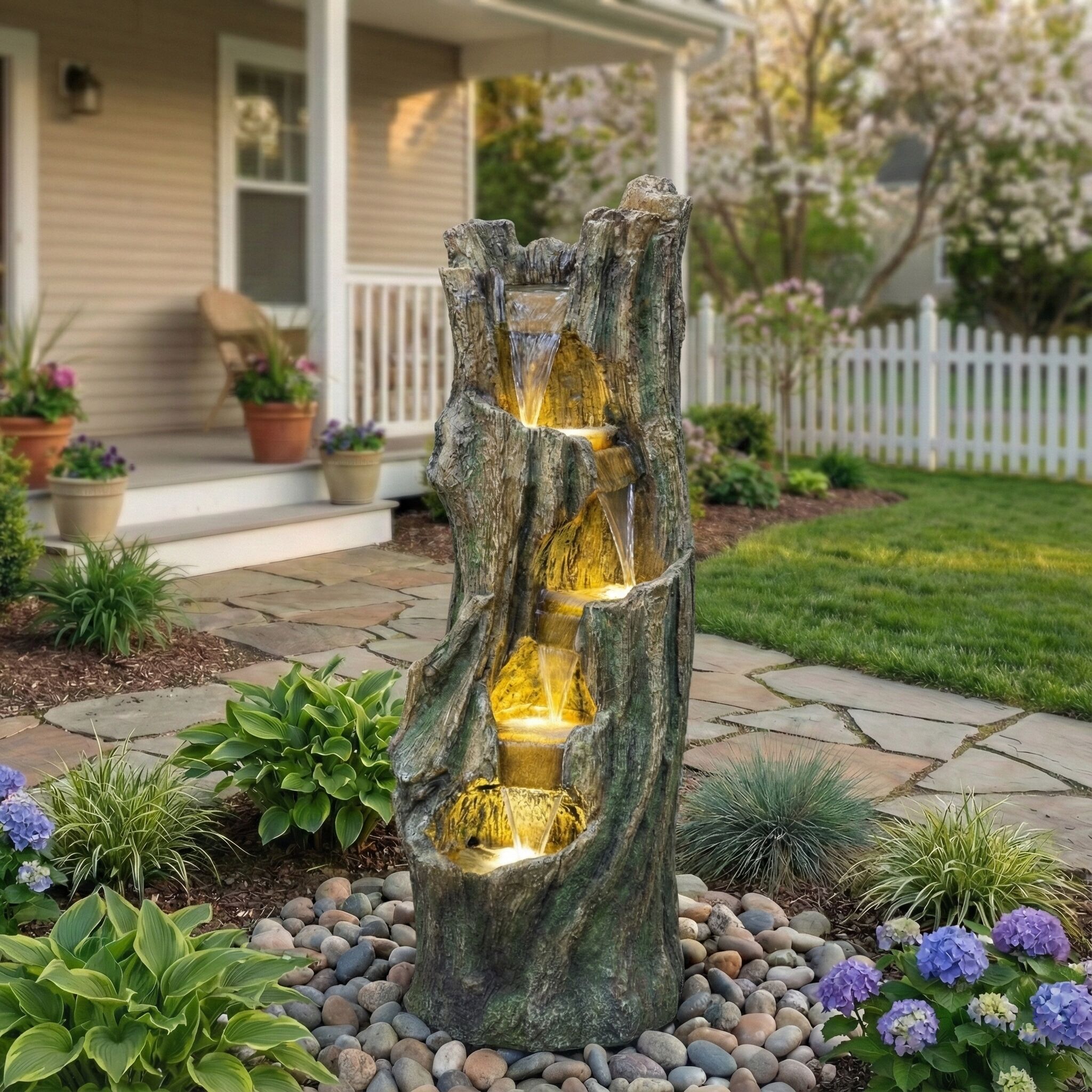 Anysun Tree Design Outdoor Waterfall Fountain with Energy Efficient LED Lights Fiberglass Resin Easy Setup for Patio Garden Backyard