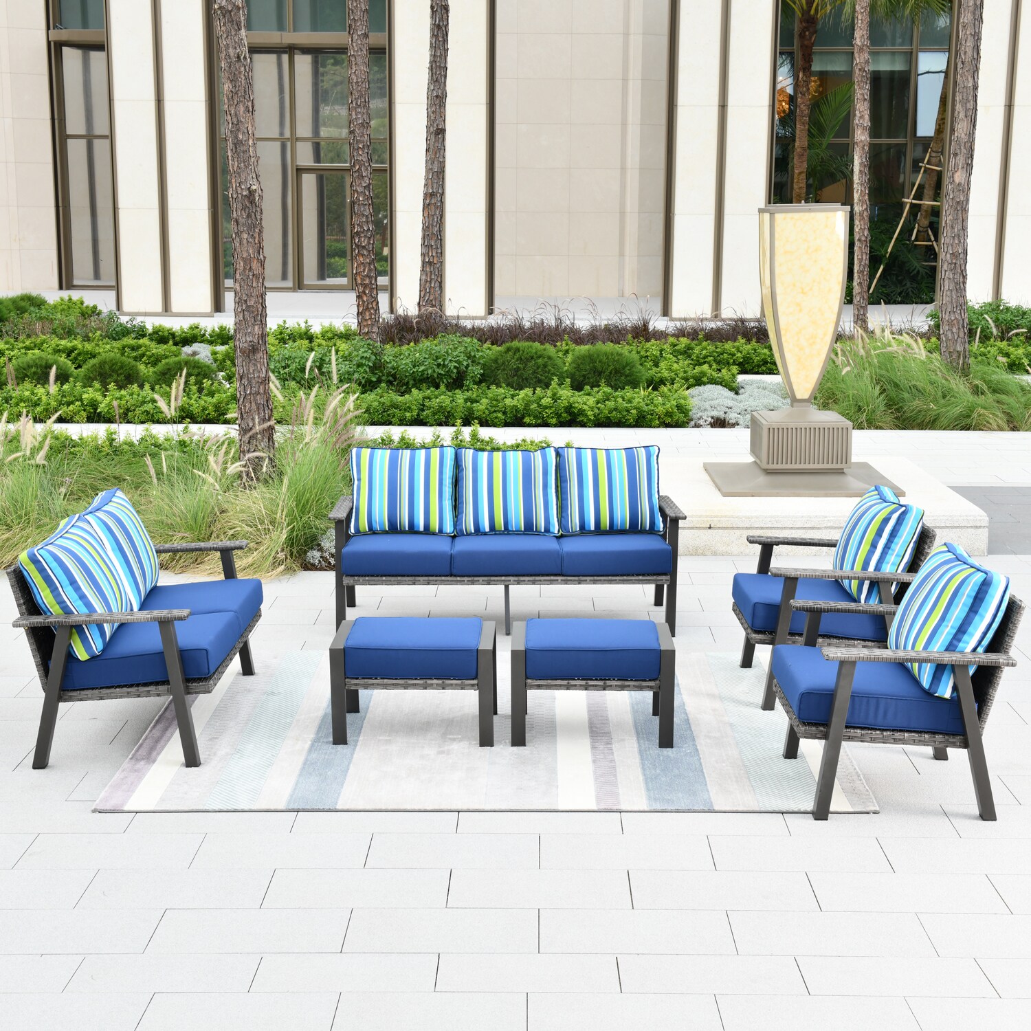 Pouuin SHW70TD06 6 -Piece Rattan Patio Sofa Conversation Set with Blue Cushions