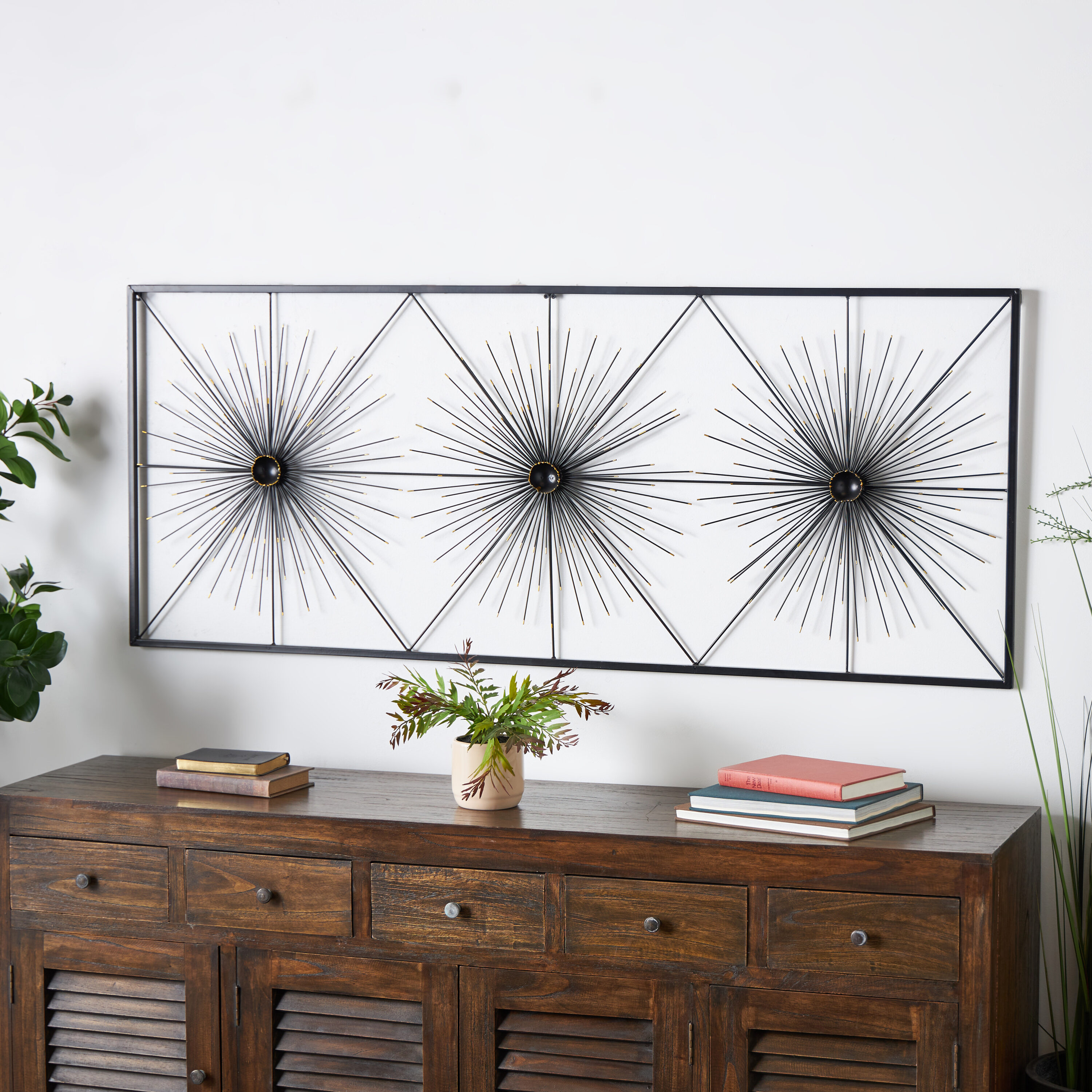 Black Metal Starburst Wall Sculpture with Frame, 59" x 24"