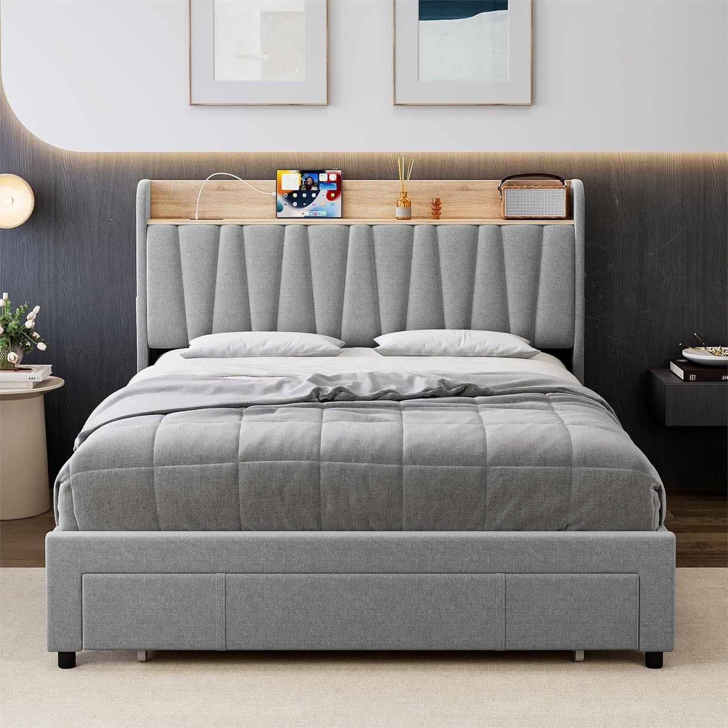 Garvee Full Bed Frame with 2 Storage Drawers Upholstered Foundation ...