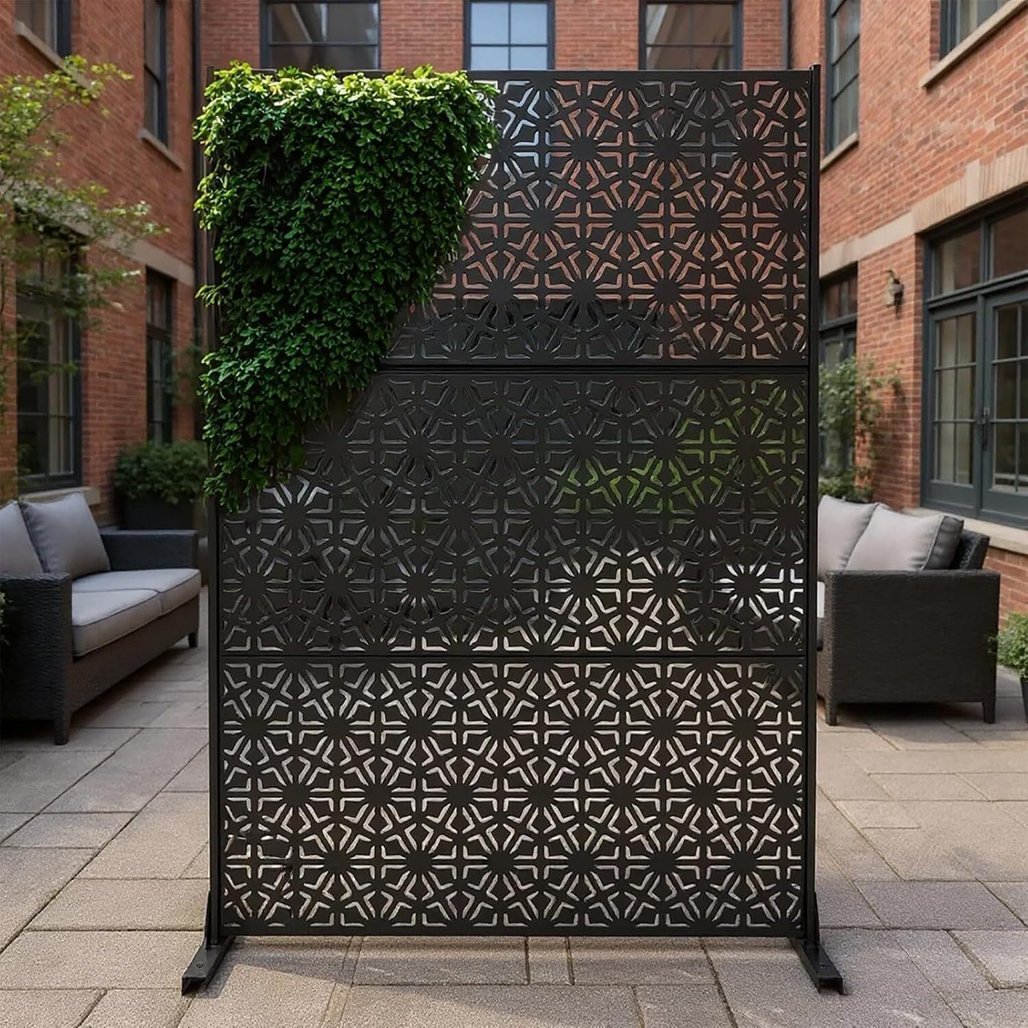 Qeetex GGL-PPG-33Q9DGYH Metal Privacy Screen Outdoor 72x47in HeavyDuty Galvanized Steel Privacy Fence Decorative Freestanding Panel with Stand Windproof Rustproof Room Divider for Patio Balcony Garden Indoor