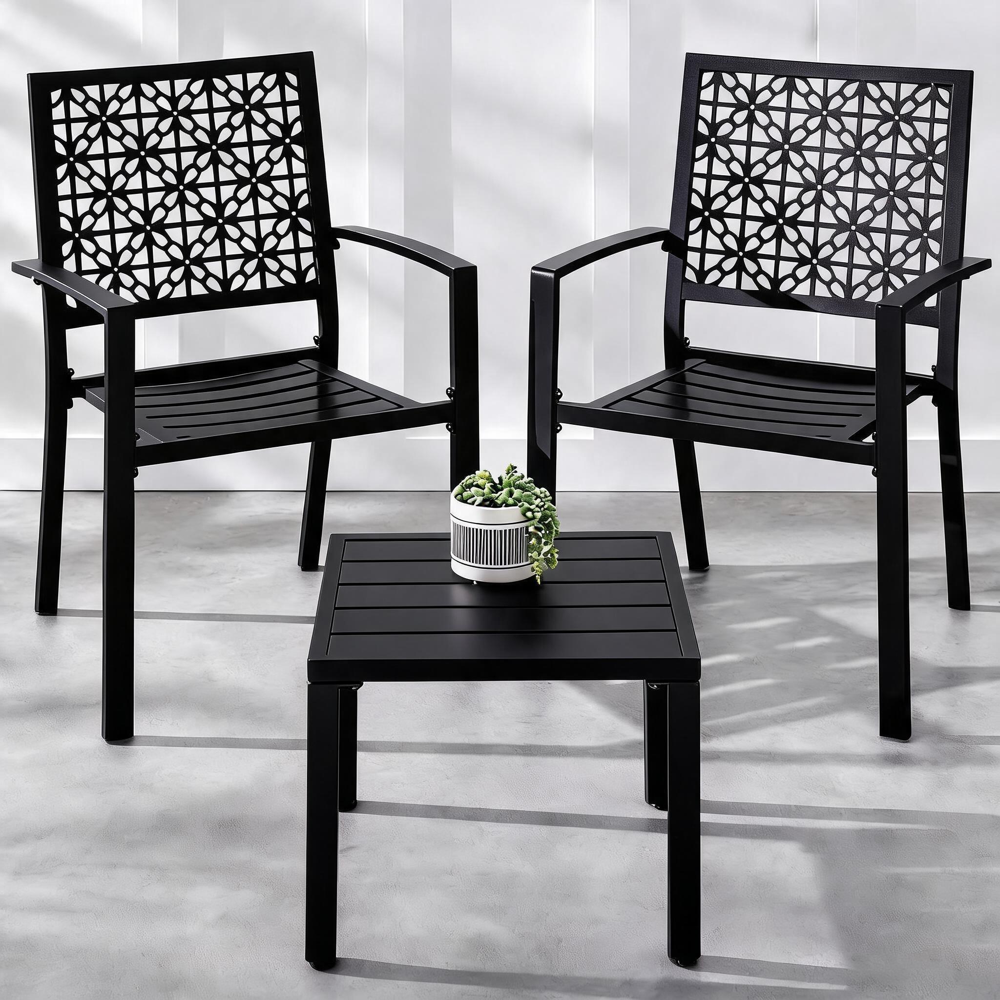Garvee - 3-Piece Outdoor Bistro Furniture Set / Stackable All-Steel Patio Decor / Geometric Art D...