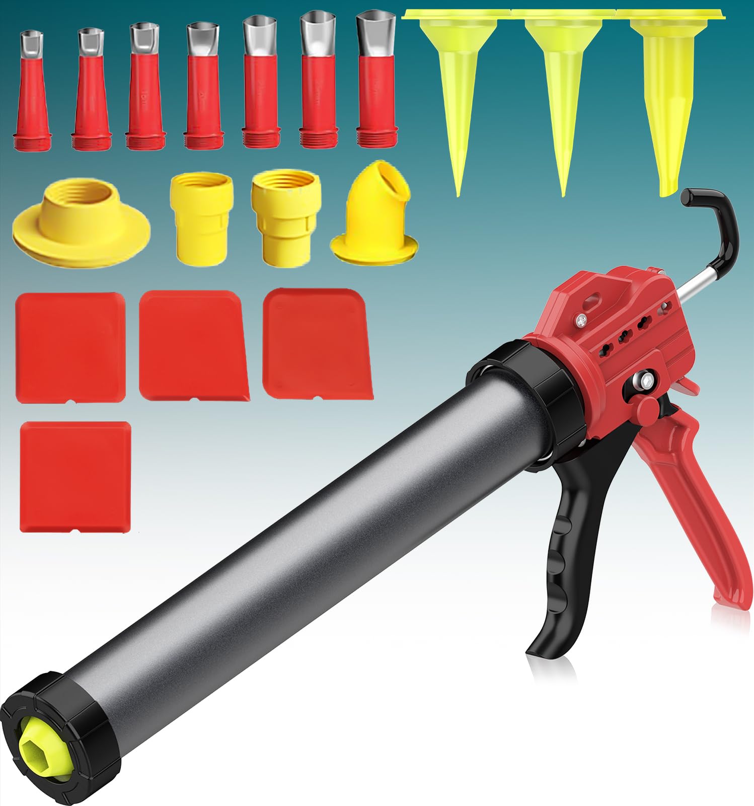 Phyfalip  20 oz Sausage Caulk Gun One Touch Drip Free Heavy Duty Metal Body 18 to 1 Thrust Ratio for 20 oz Sausage Packs durable home and garden