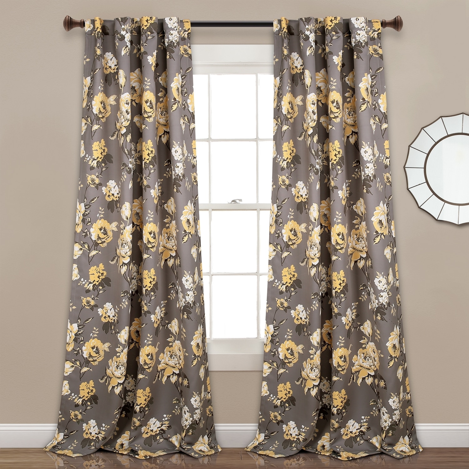 Lush Decor 16T003348 84-Inches Gray Floral Light filtering Back tab Curtain panel pair