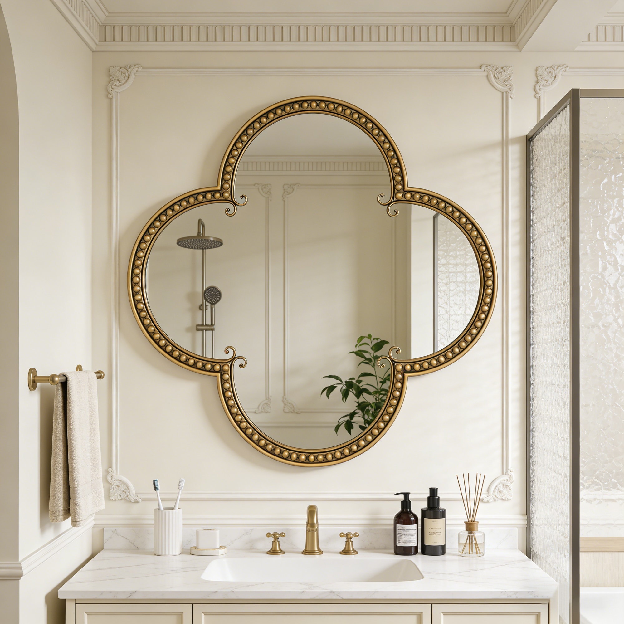JUSHUA Gold Quatrefoil Decorative Wall Mirror with Large Beaded Metal Frame for Bathroom Living Room Bedroom and Entryway