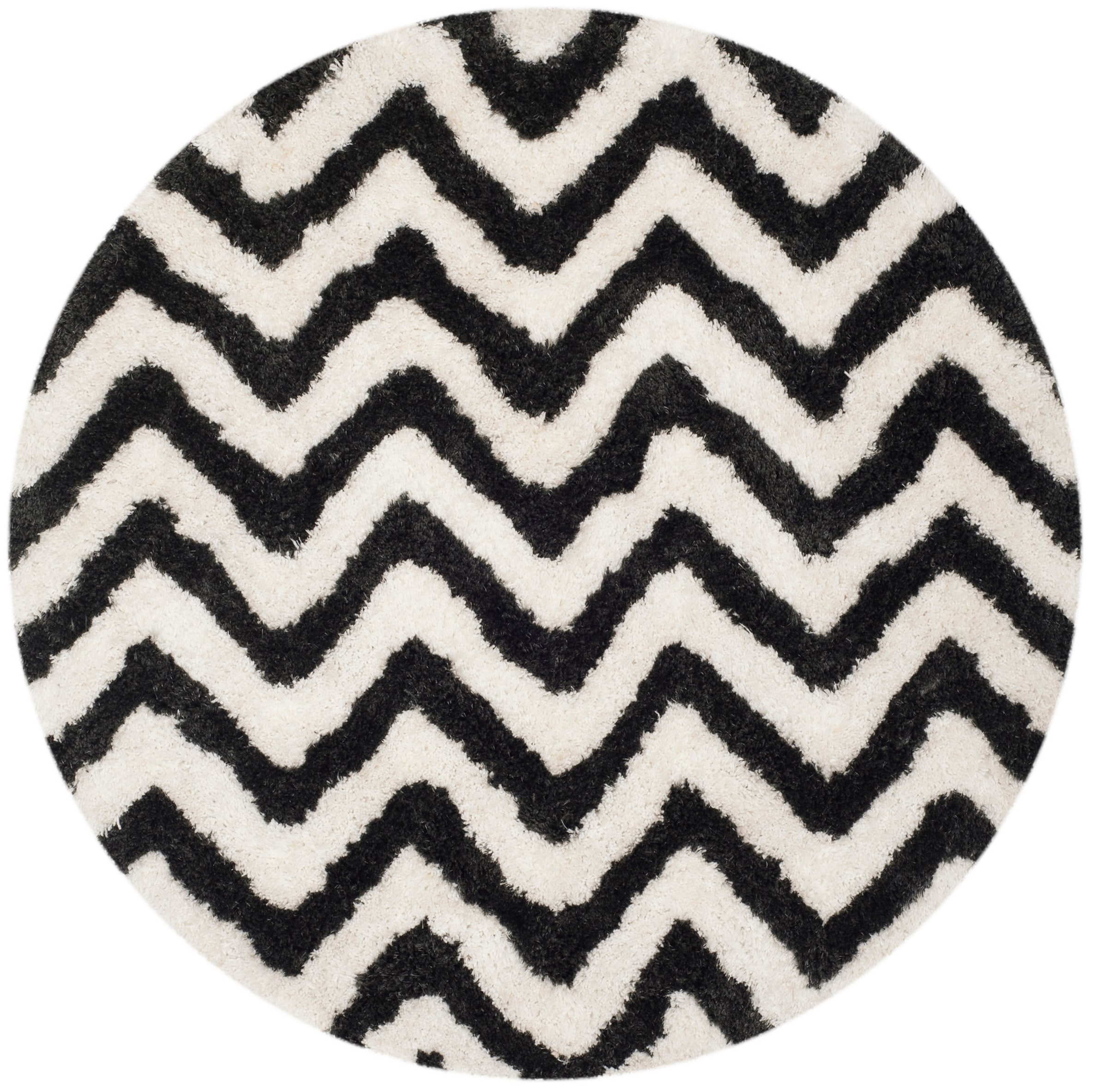 Ivory and Black Round Hand-Tufted Chevron Shag Rug