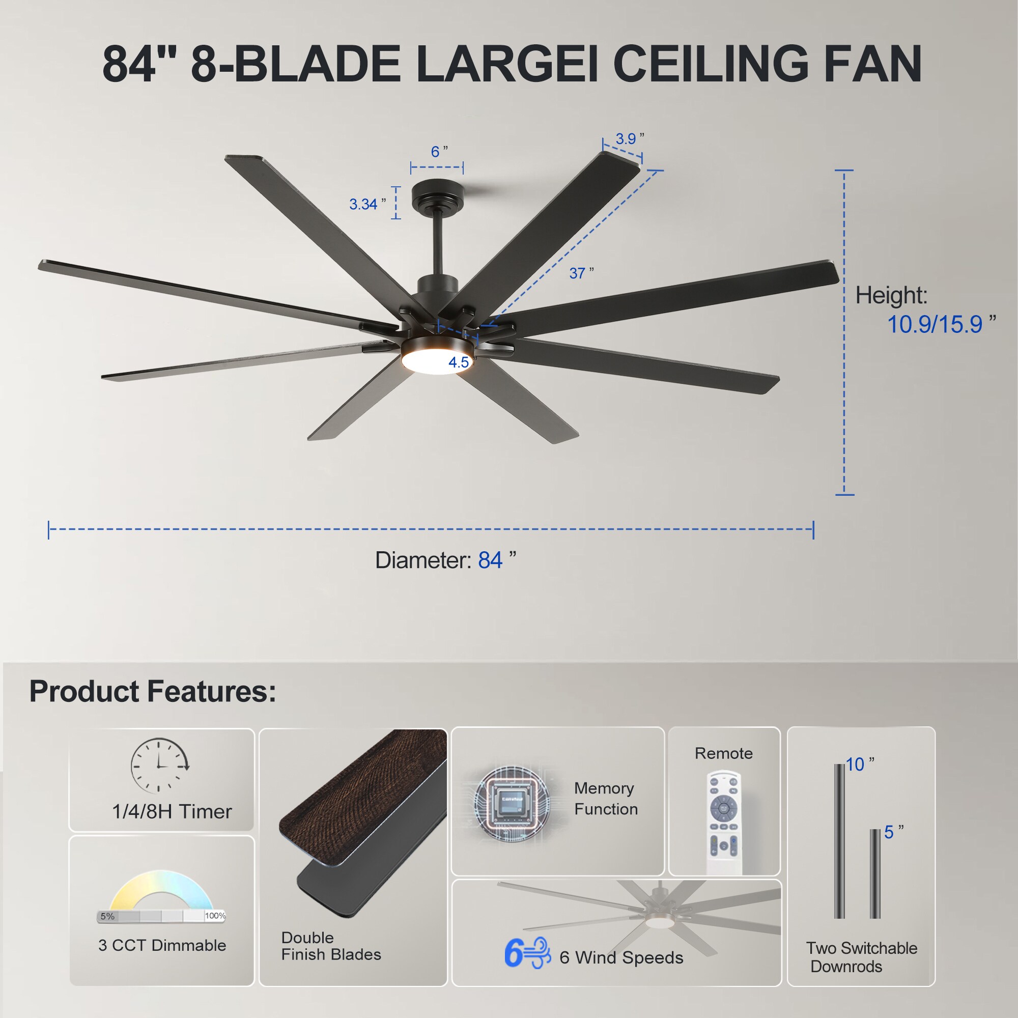 YOTOO 72PW-1593BK-1L Ceiling-Fans - View #4