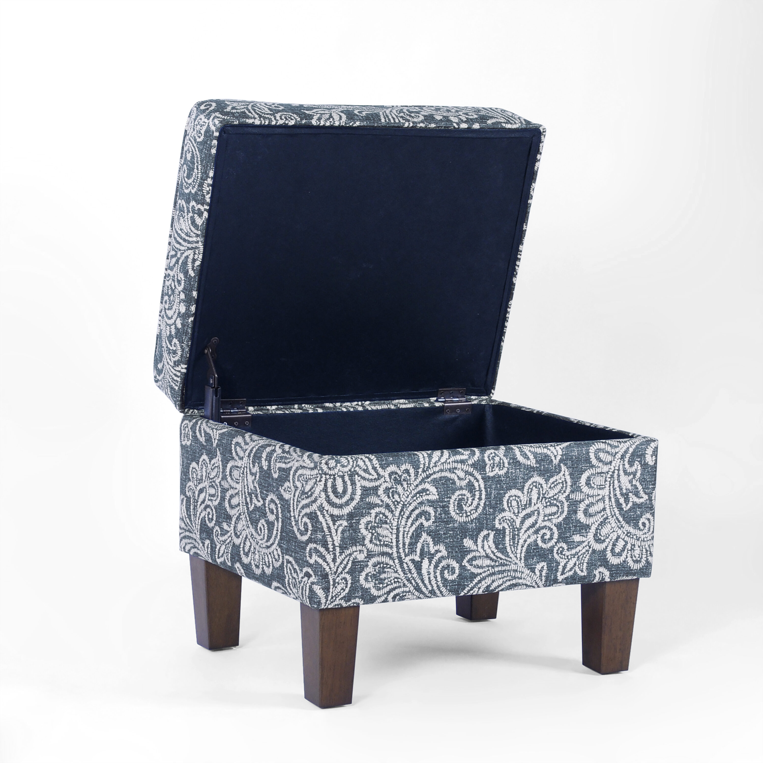 Medium Blue Denim Jacobean Print Storage Ottoman with Hinged Lid