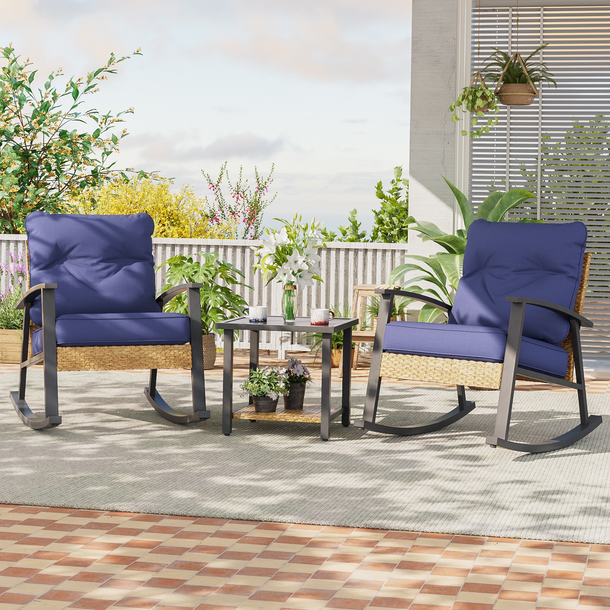 ACEGOSES LW-RC-03NY Skytop 3 -Piece Wicker Patio Conversation Set with Blue Cushions