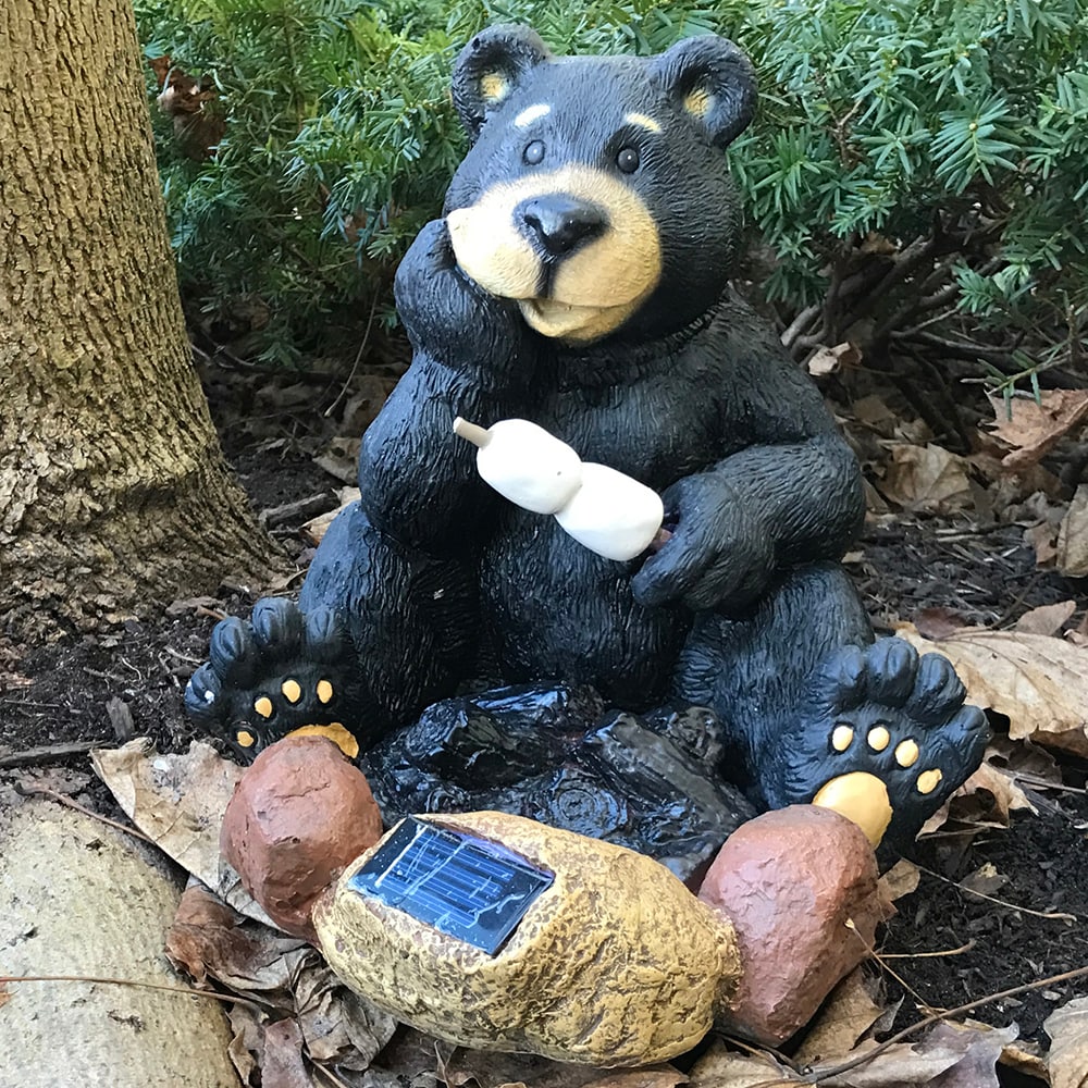 Solar-Powered LED Black Bear Resin Lawn Ornament, 10.8-inch