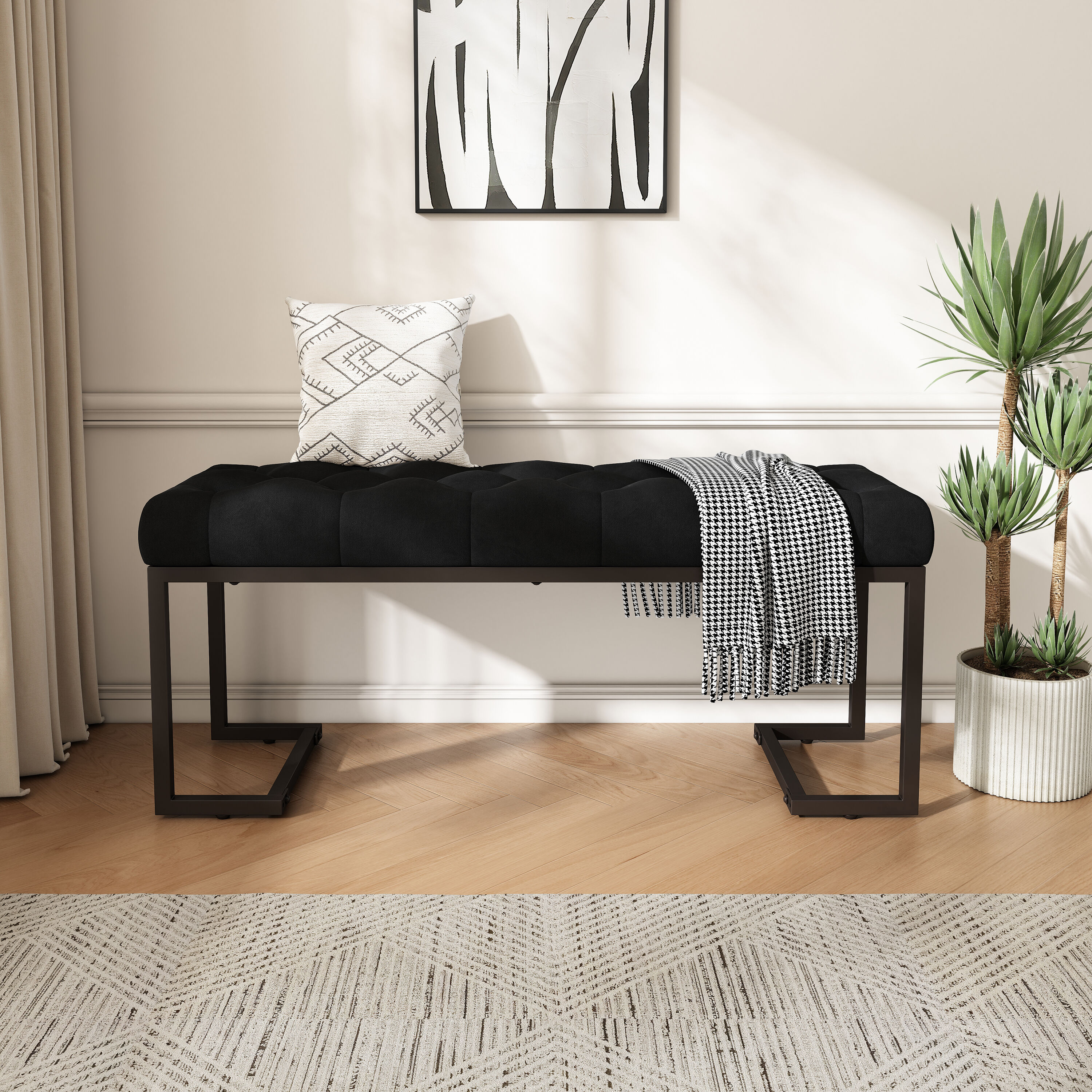 ModernLuxe L3P-N757P256383B Upholstered Button Tufted BenchBlack and Bronze