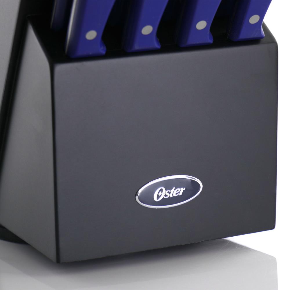 Oster Langmore 15 Piece Stainless Steel Cutlery Knife Block Set W/Black Box  – Classic Blue Handles