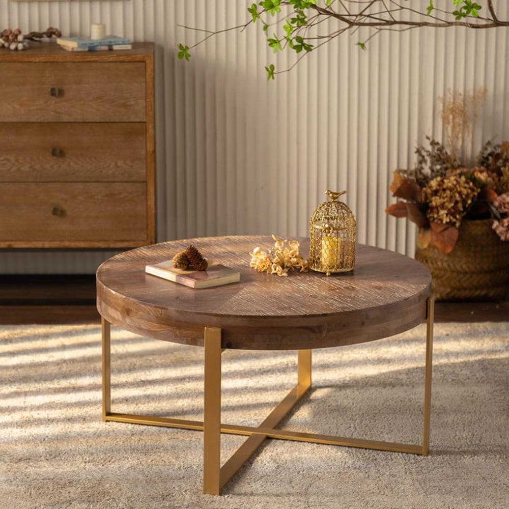 Bayfeve BF-127348-IN Round Coffee Table Fir Wood Fir Wood Rustic Coffee Table