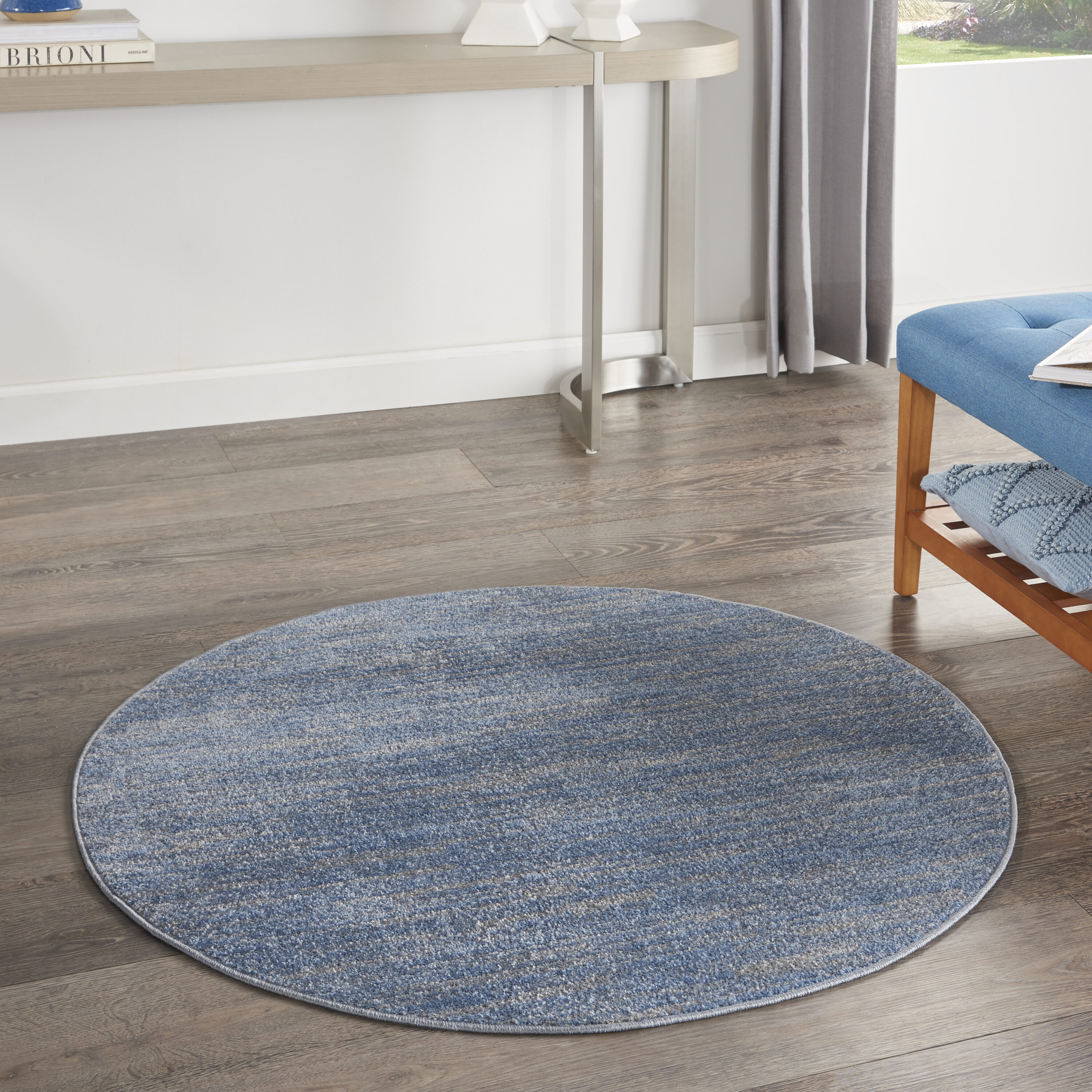 Nourison 099446822895  Essentials 4 x 4 (ft) Loomed Polypropylene Blue/Grey Round Indoor/Outdoor Solid Area rug