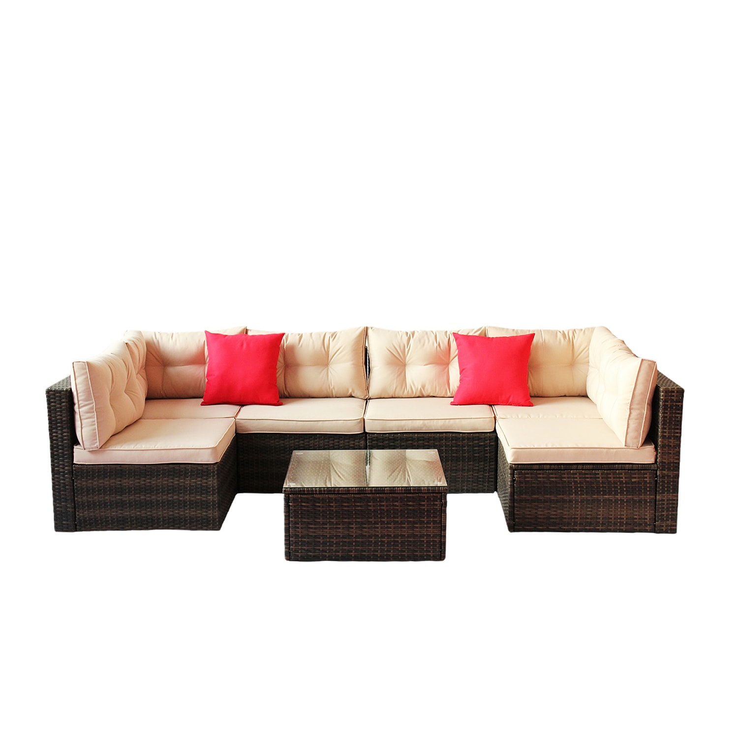 SINOFURN Rattan Outdoor Sectional with Red Cushion(S) and Rattan