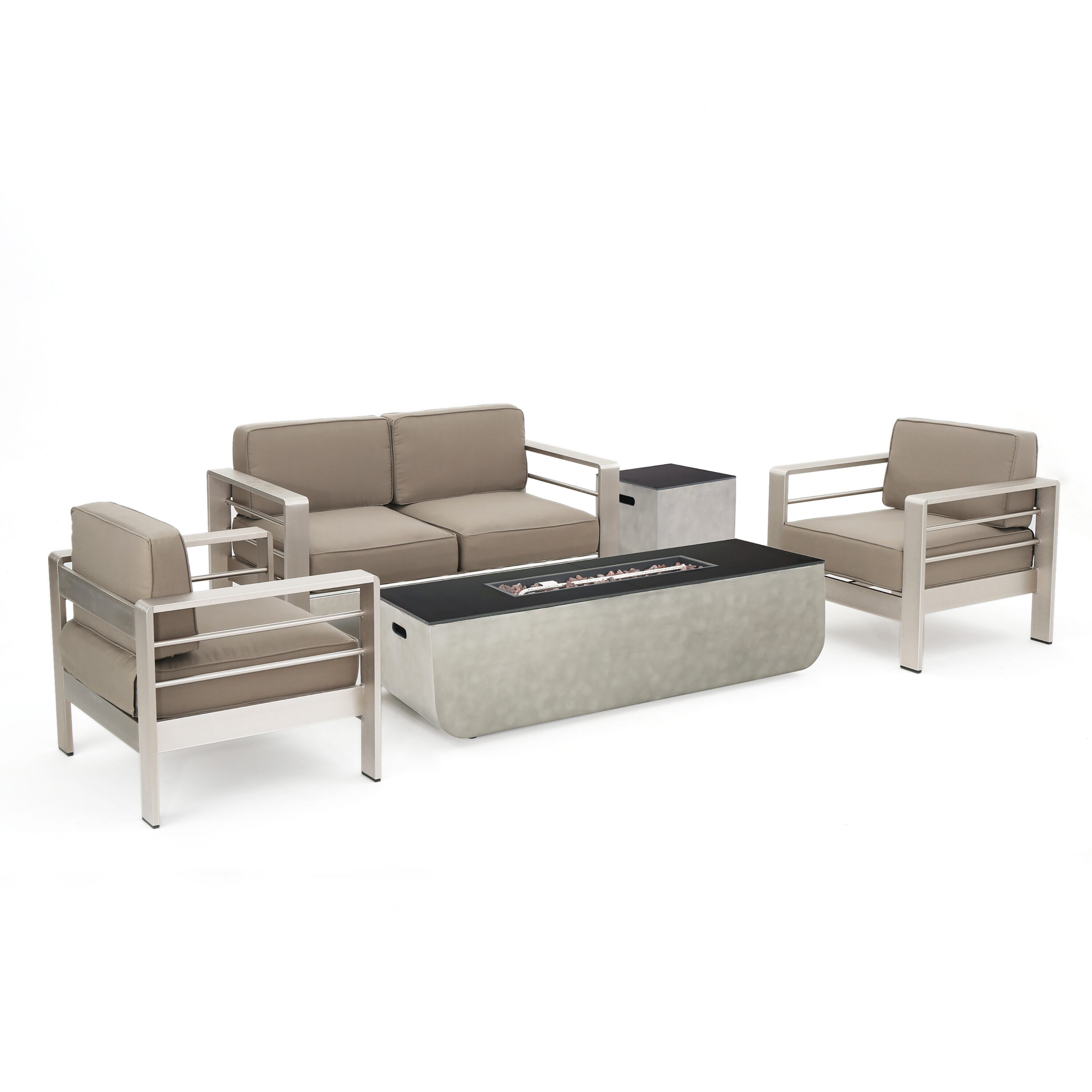 Best Selling Home Decor 312622 Cape Coral Outdoor 4 Seater Aluminum Chat Set with Fire Pit, Silver and Khaki