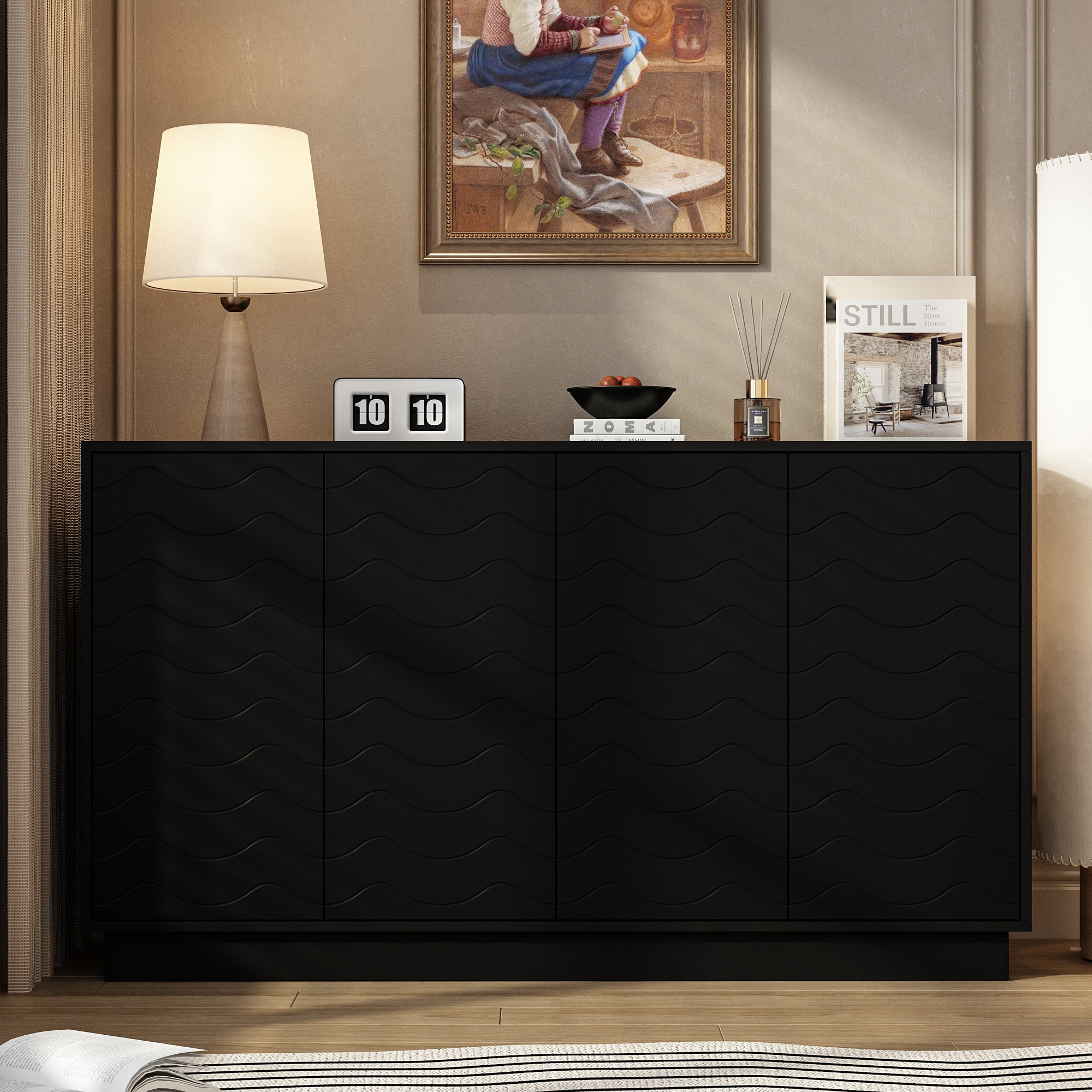 FUFU&GAGA KF330146-01 Sideboard Contemporary/Modern Black Sideboard with Wine Storage