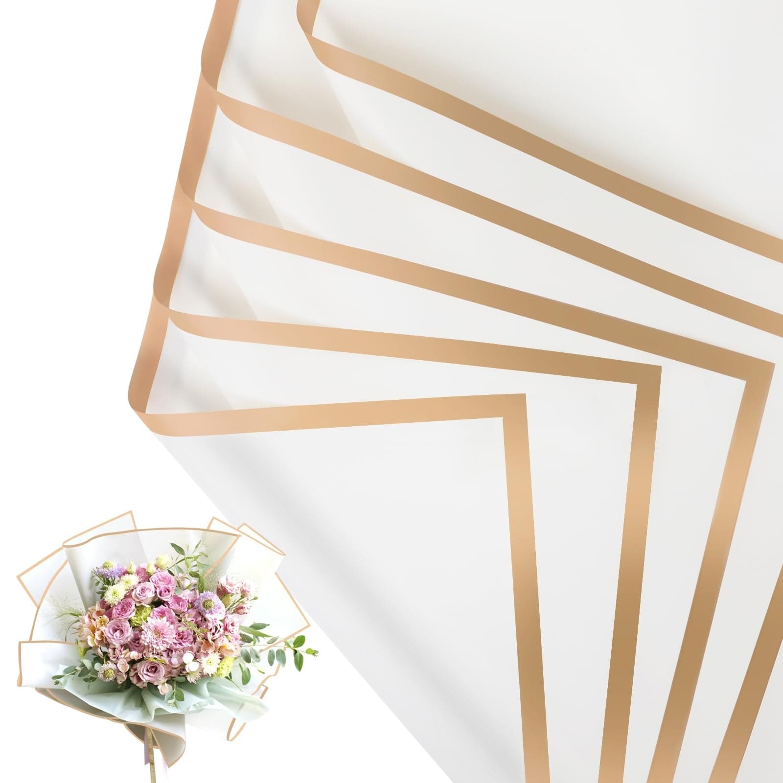 Yichuhaoxi  20 Sheet Waterproof Floral Wrapping Paper White Gold Edge Bouquet Packaging Sheet for Wedding Birthday DIY Gift