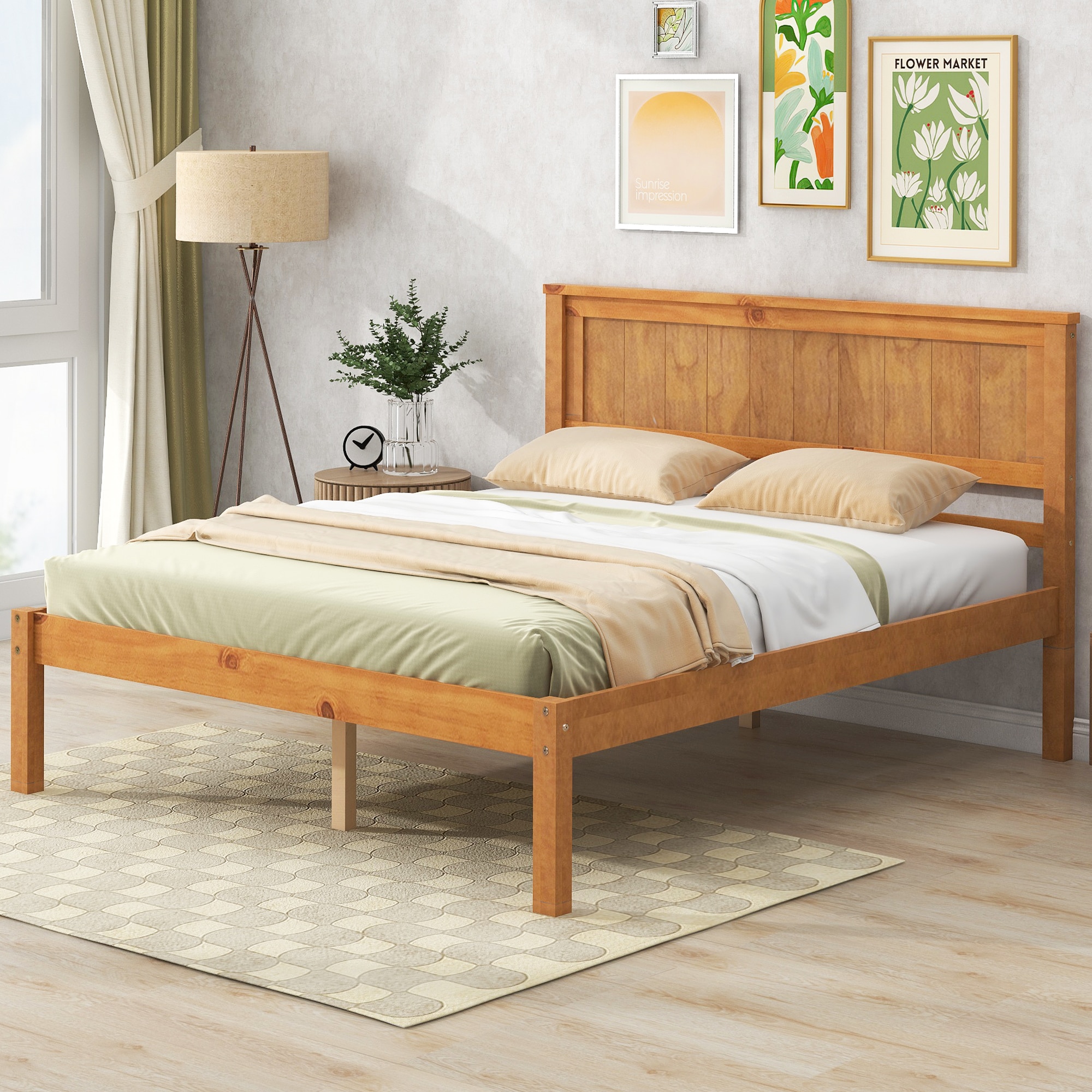 LOVMOR SF-R-WF212812AAN Platform Bed Frame with Headboard Wood Slat Support No Box Spring Needed Full Oak