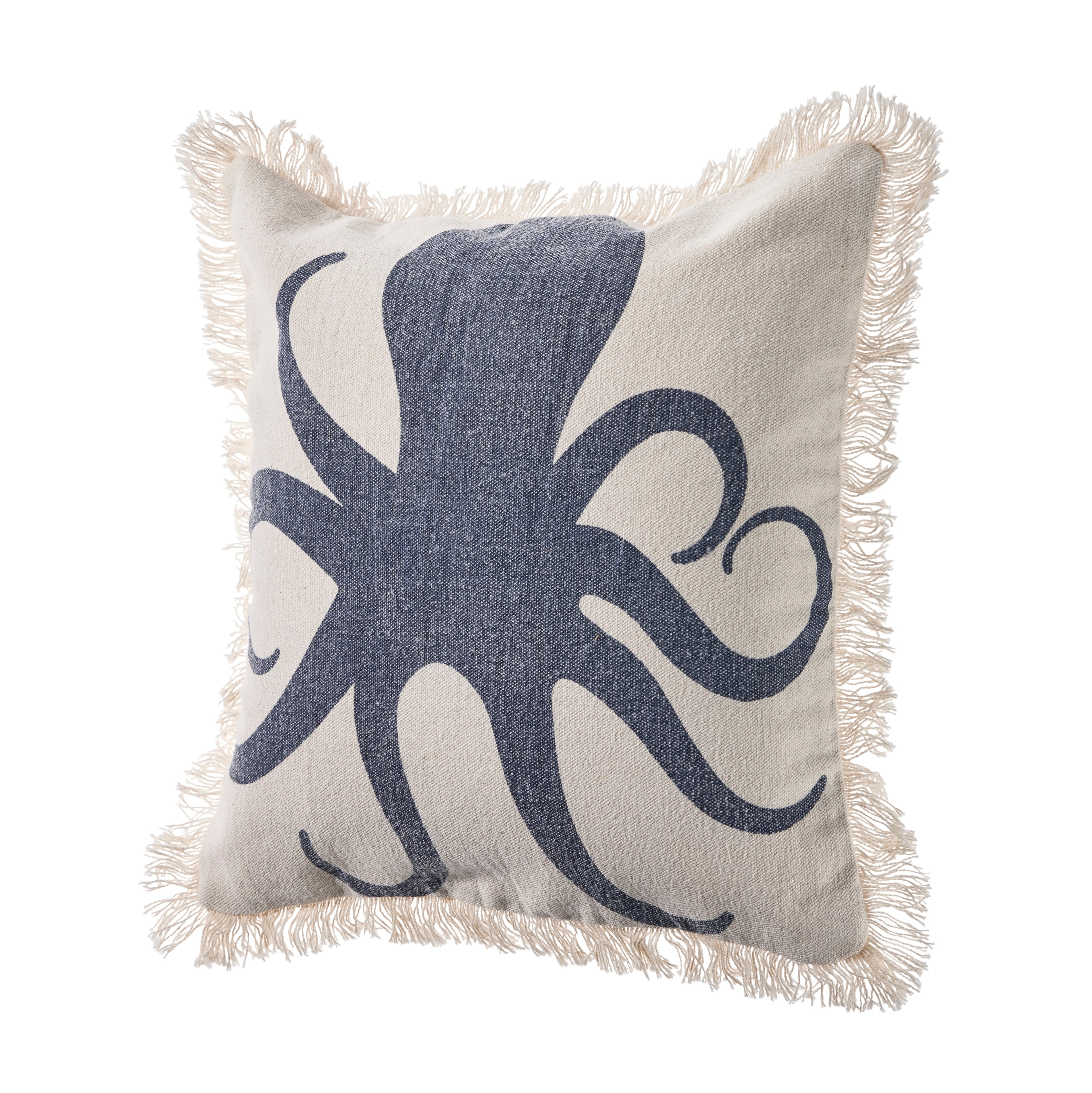 Coastal Blue Octopus Fringed Square Cotton Pillow