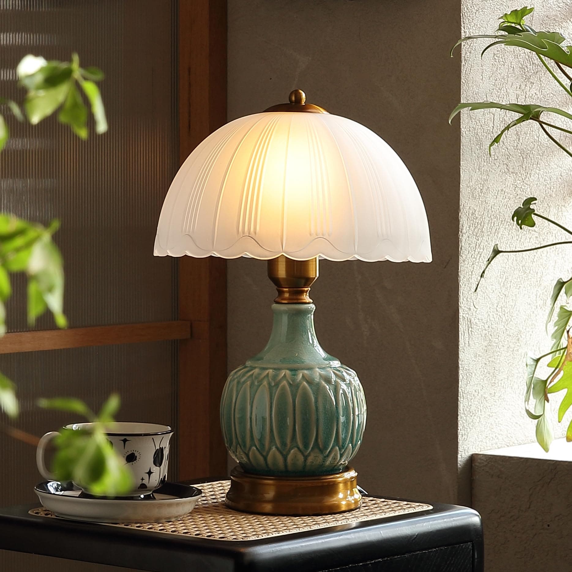 OMOMMD Vintage Ceramic Bedside Lamp Green Glass Shade 3 Brightness Levels