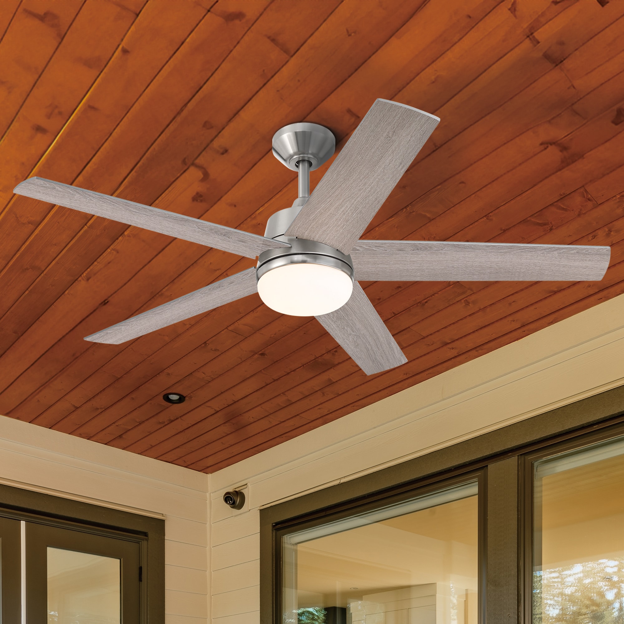 Designers Fountain Astrea 52-in Brushed Nickel with Silver Blades Color-changing Integrated LED Indoor/Outdoor Flush Mount Smart Ceiling Fan with Light and Remote (5-Blade) FS-ATR52RGB-BN Sansujyuku sansujyuku.com