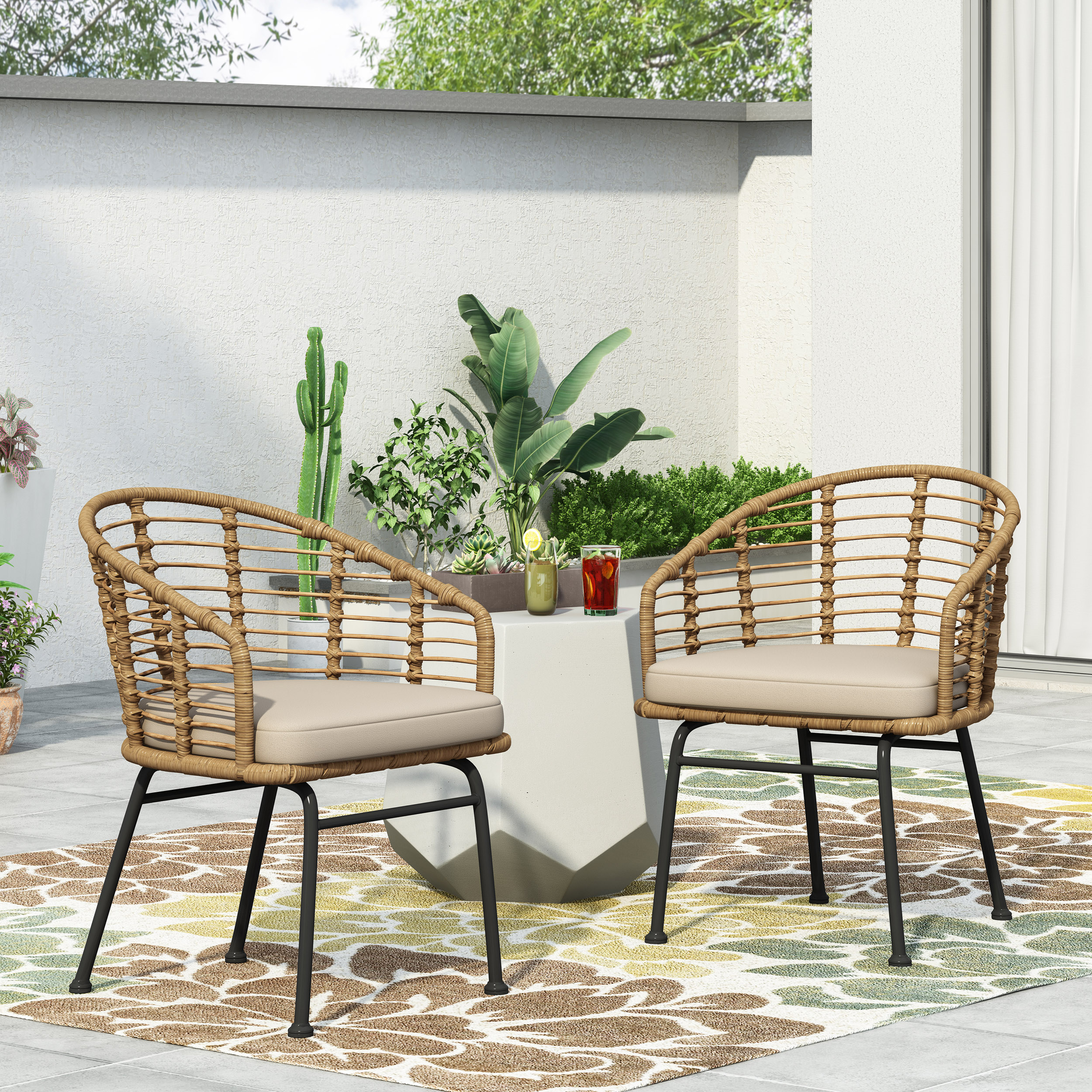 Moda Furnishings MD70834LBRN GIGI Set of 2 Wicker Brown Steel Frame Stationary Conversation Chair with Beige Cushioned Seat