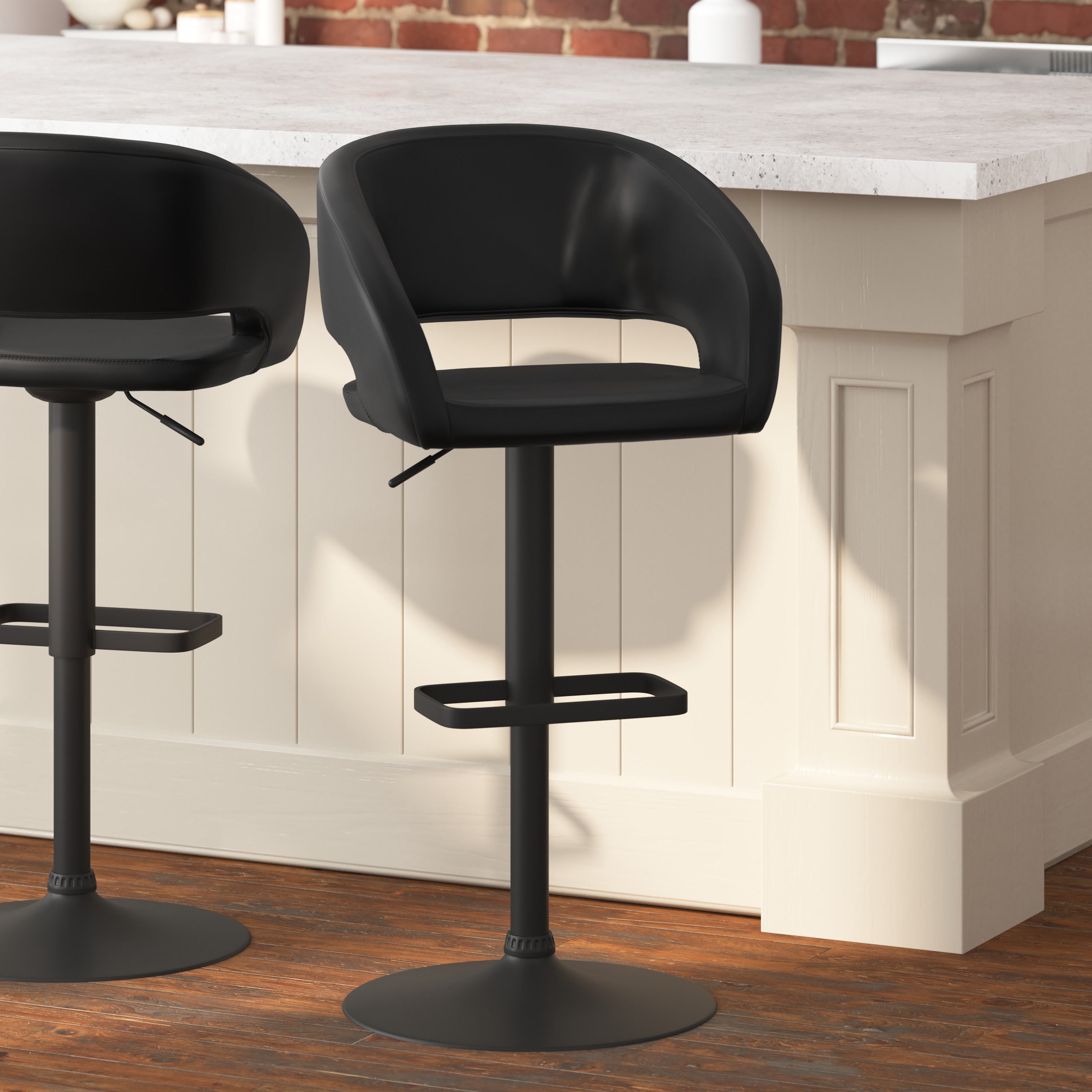 Taylor & Logan 196861088193 Jenna Black Vinyl/Chrome Frame 23.0-in H Adjustable Height Short Square seat Upholstered Swivel Metal Bar Stool with Arms and Back