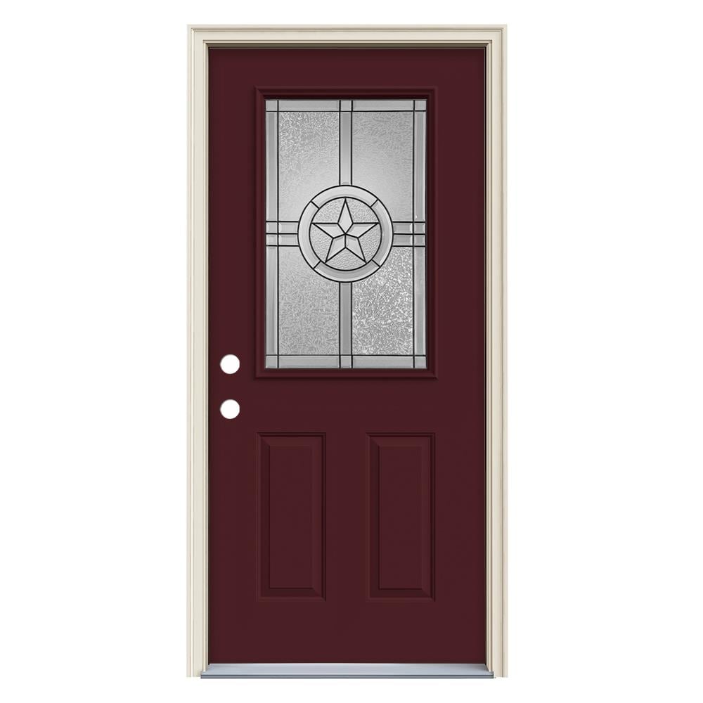 JELD-WEN LOWOLJW230300037 Radiant Star 36-in x 80-in x 4-9/16-in Steel Half lite Right-hand inswing Currant Painted Prehung Front Door with Brickmould Insulating core