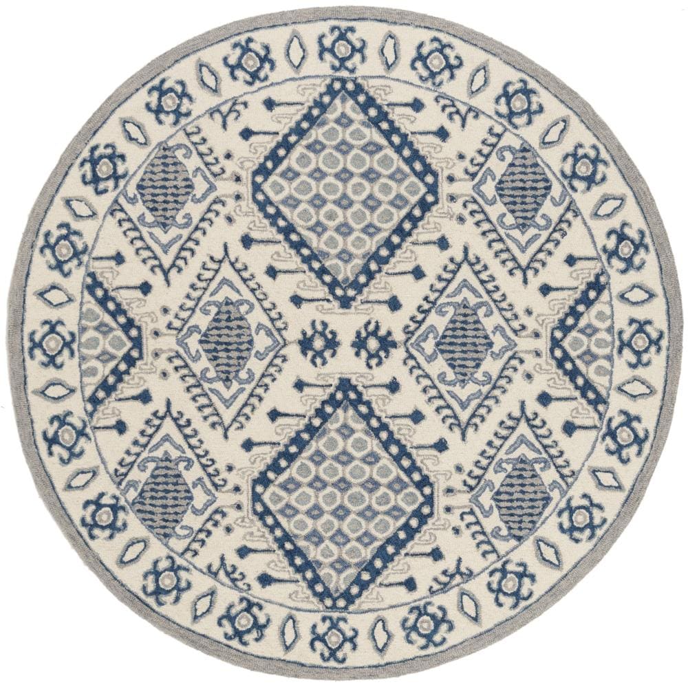 Safavieh MLP511M-5R Micro-Loop Pasha 5 x 5 (ft) Tufted Wool Ivory/Blue Round Indoor Floral/Botanical Southwestern Area rug