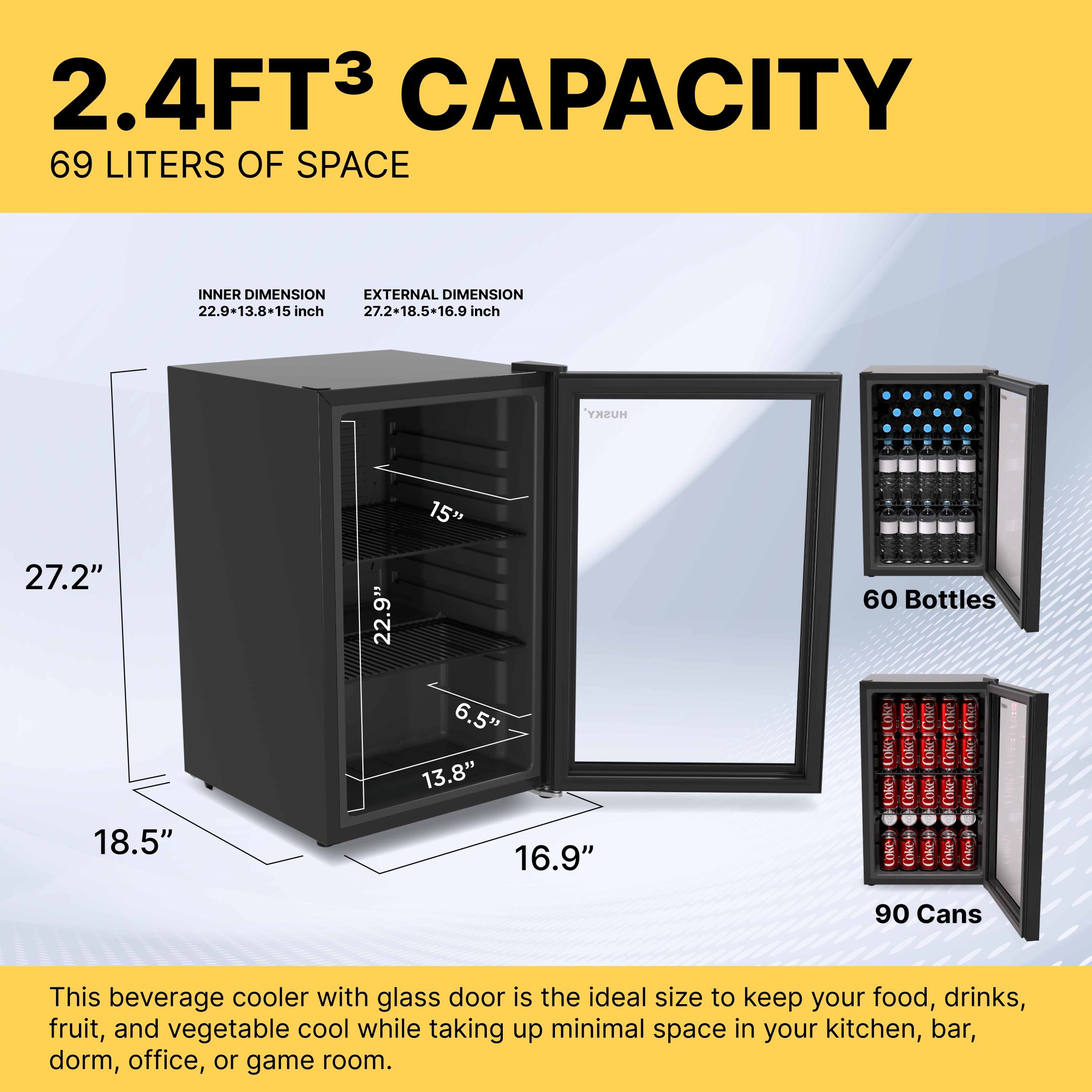 Husky OSFG016-RL Glass Door 2.4 Cu.ft/69L Mini Fridge, Red