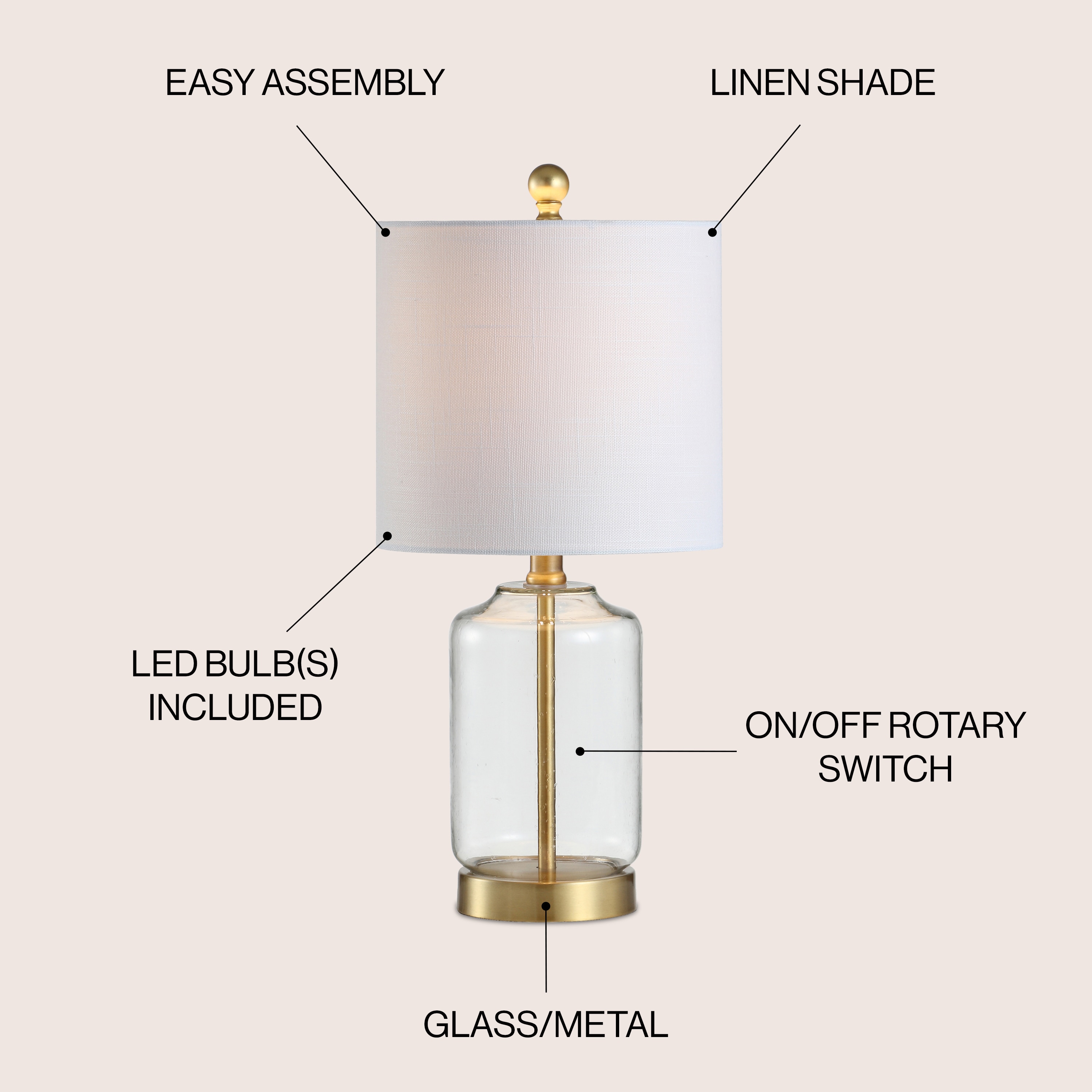 Duncan 20.5" Brass/Clear Glass Table Lamp with White Linen Shade