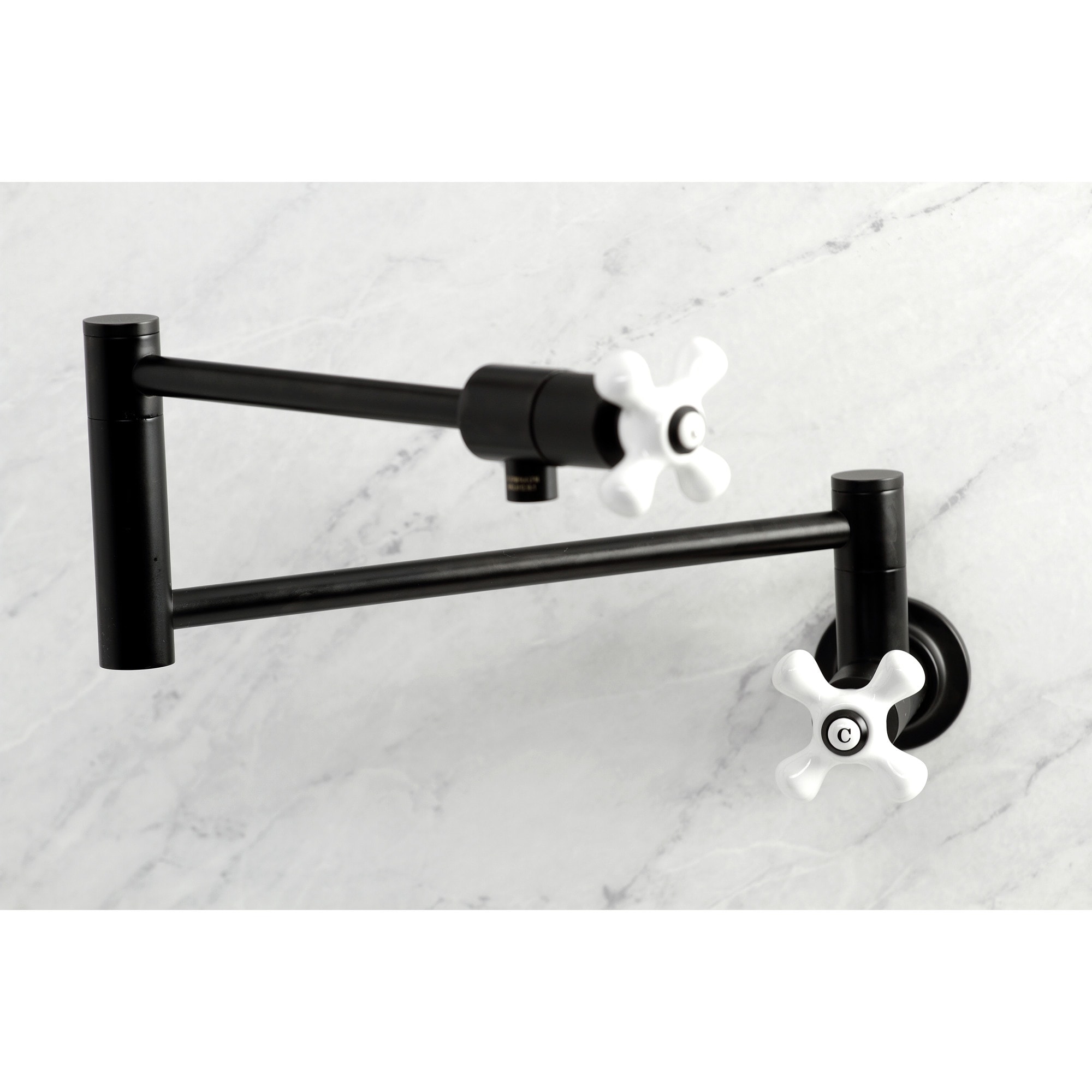Kingston Brass WLKS4100PX Metropolitan Matte black Double Handle Wall-mount Pot Filler Kitchen Faucet with Sprayer