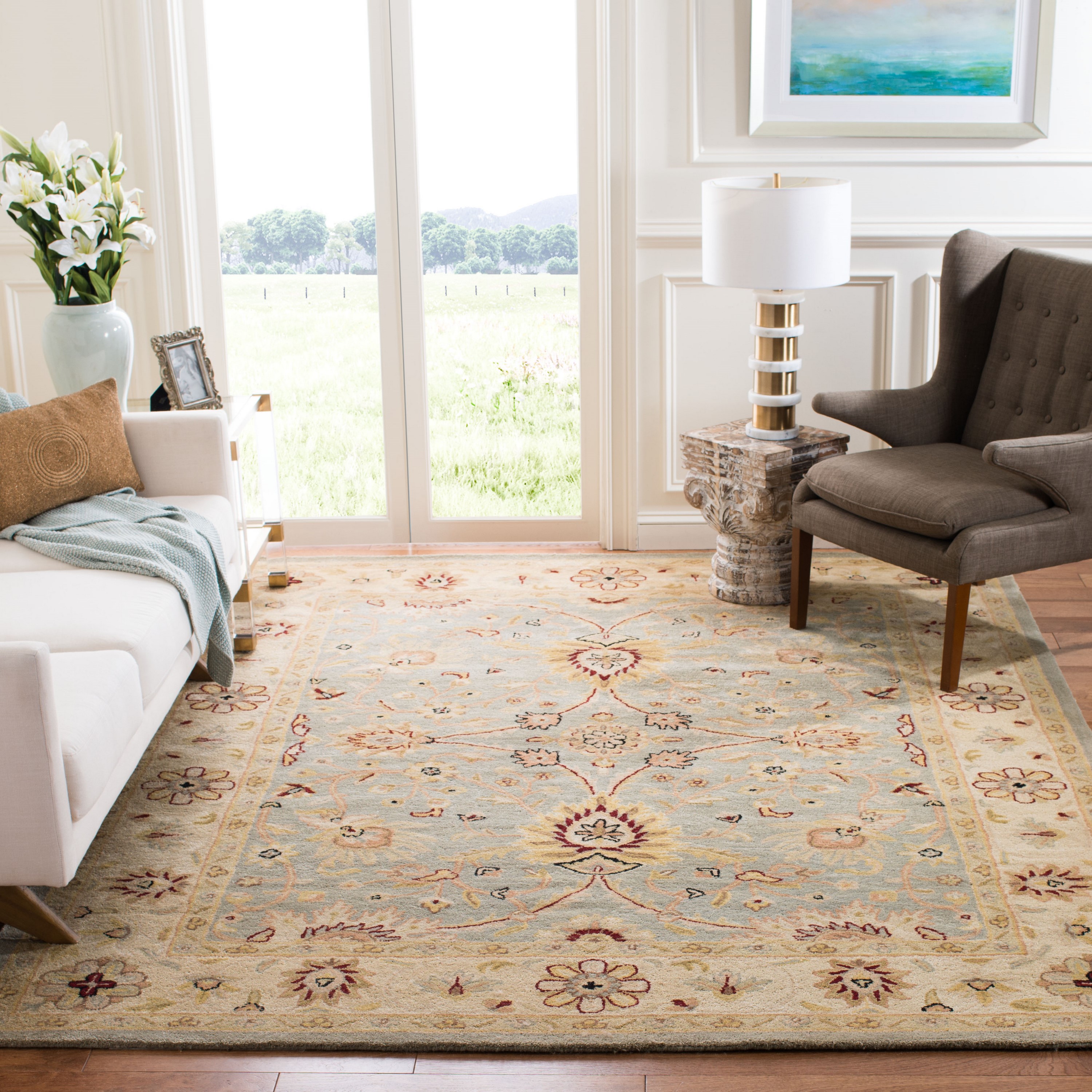 Safavieh AT249A-9 Antiquity Jilias 8 x 11 (ft) Tufted Wool Light Blue/Ivory Rectangular Indoor Floral/Botanical Vintage Area rug