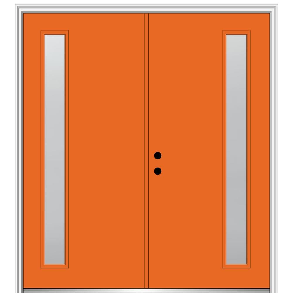 MMI DOOR ZZ349955R Spotlights 60-in x 80-in x 6-9/16-in Fiberglass Pulse lite Right-hand inswing Tangerine Painted Prehung Double Front Door with Brickmould Insulating core